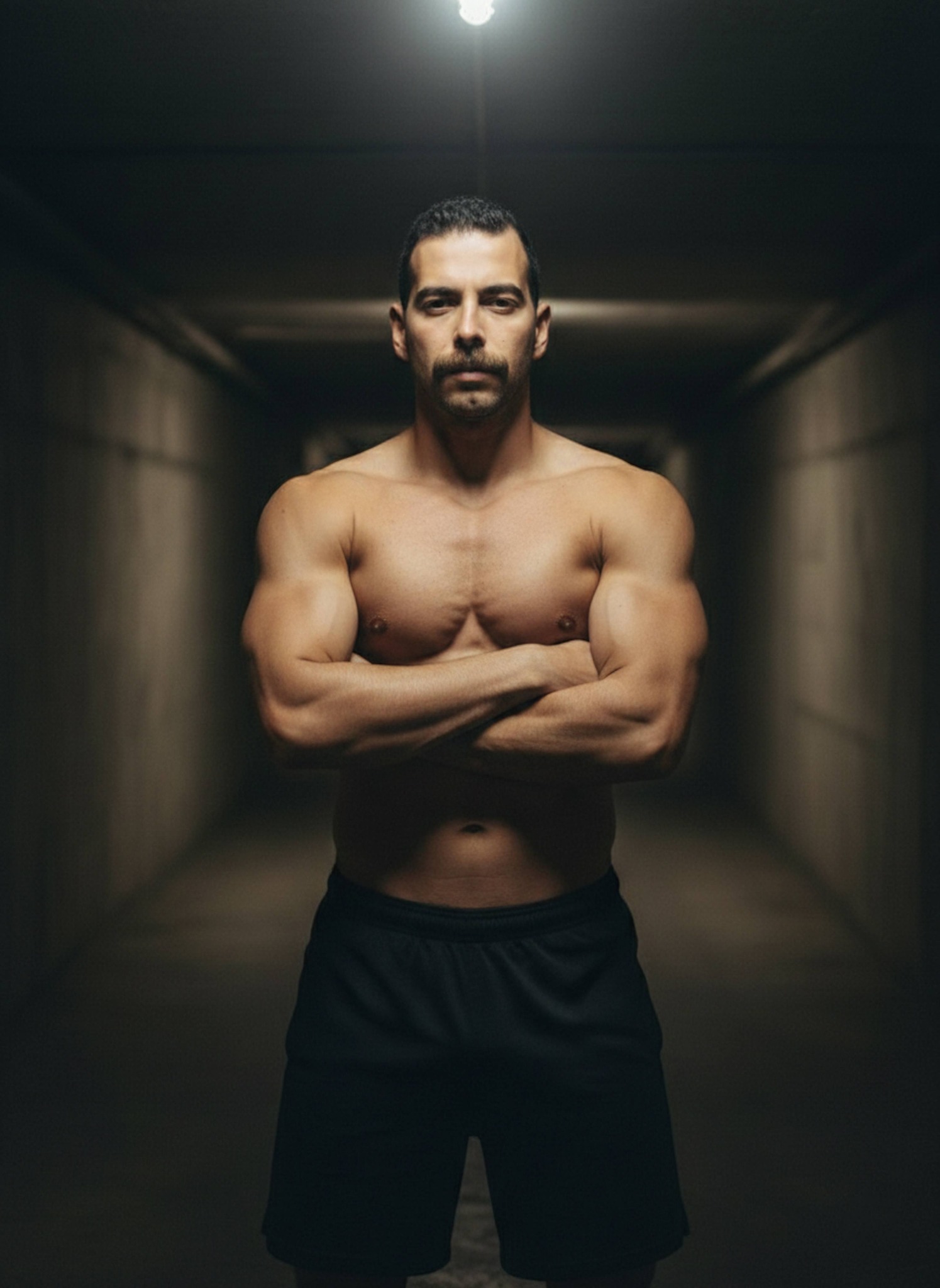Shirtless person with arms crossed under harsh single light in underground corridor as Baki