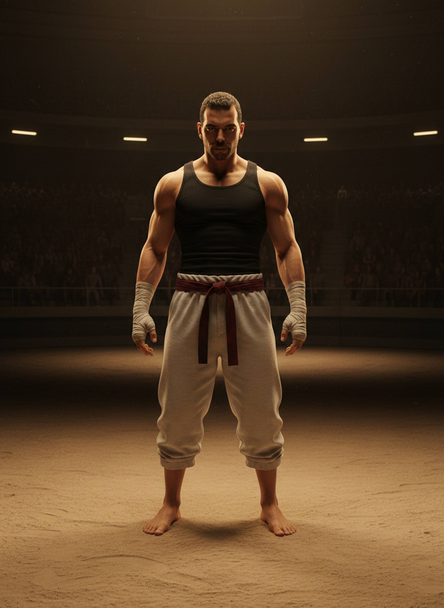 Person standing in Tokugawa Underground Arena on sand floor under dim golden lights as Baki
