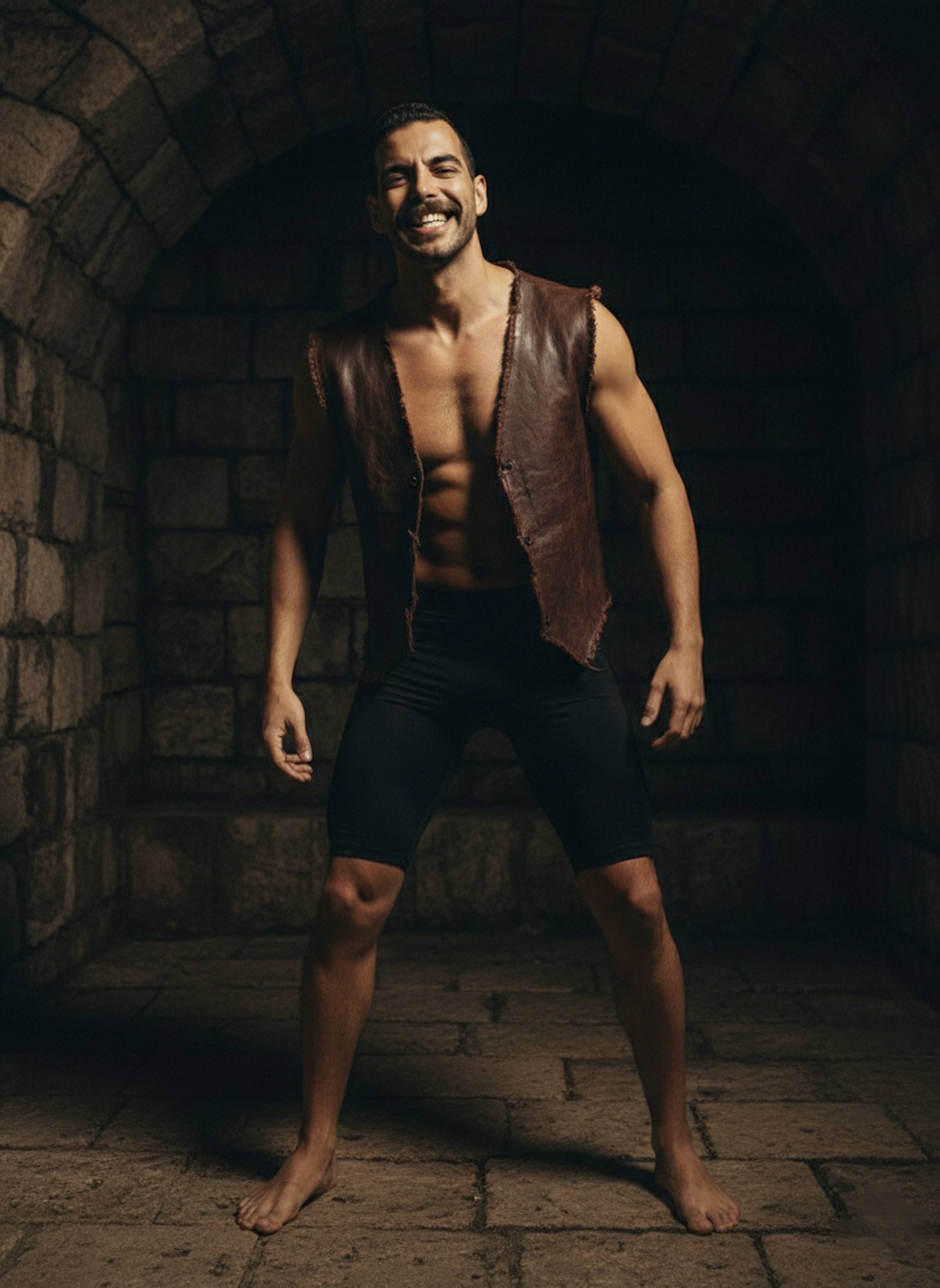 Person in leather vest standing in dim prehistoric stone chamber as Baki facing challenge