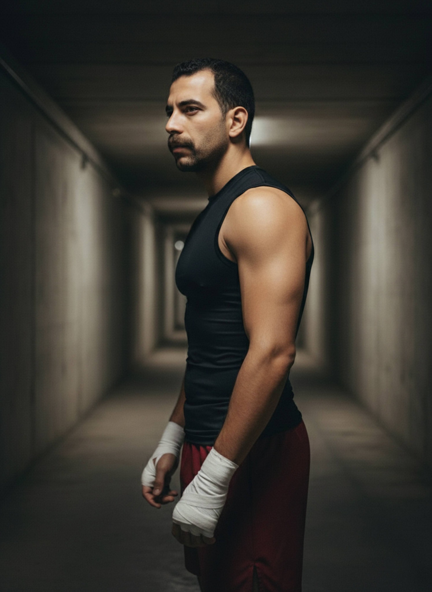 Person in black compression top standing in narrow concrete corridor in tense standoff pose