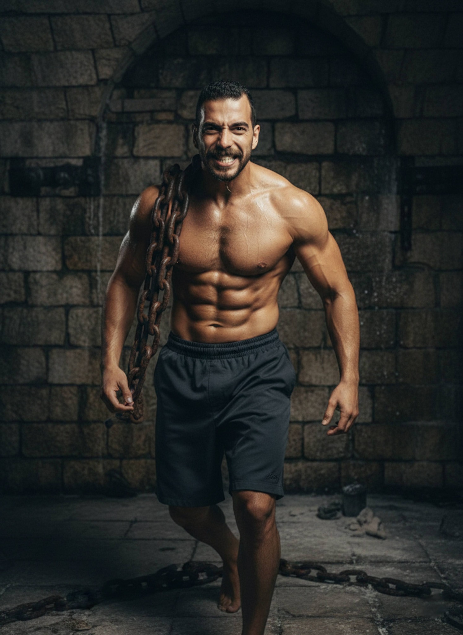 Shirtless person training with heavy iron chains in underground stone gym as Baki Hanma