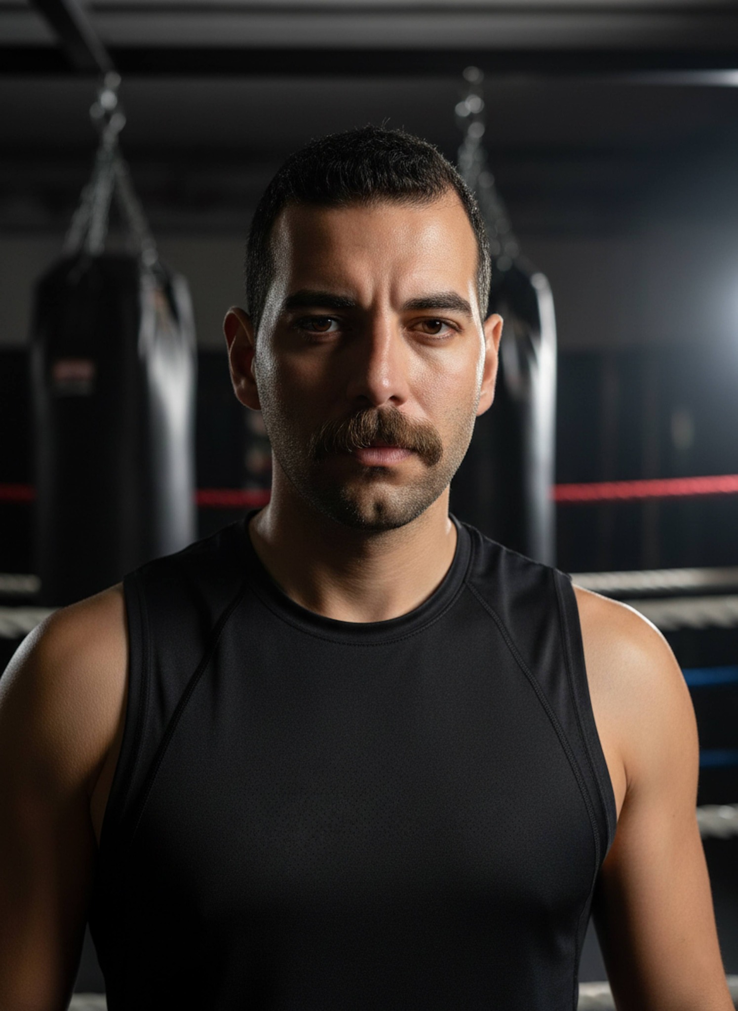 Close-up of person with intense focused gaze inside professional boxing gym with bags and ropes