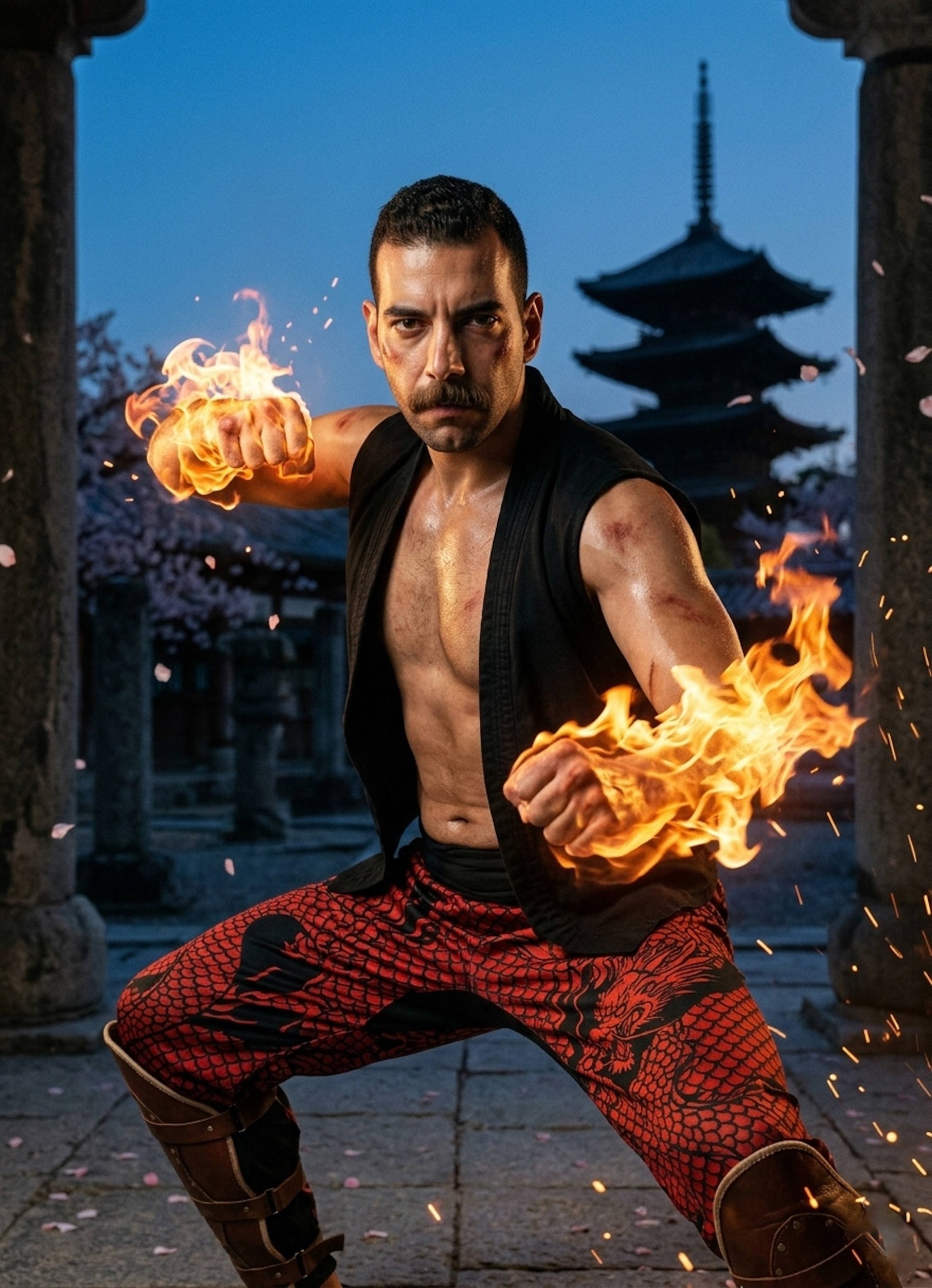 Martial artist in dragon-scale trousers with flaming fists in sacred courtyard at twilight