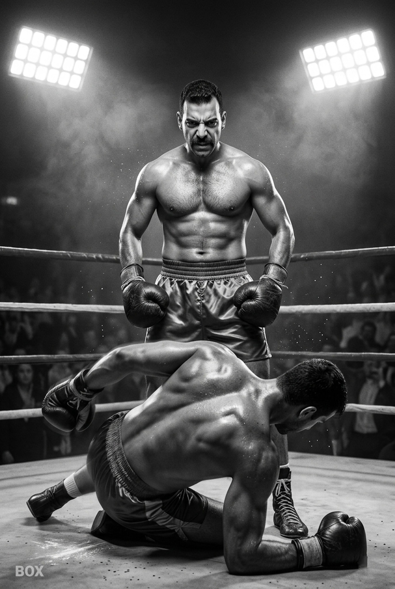 Dramatic black-and-white boxing victory scene in classic arena with fallen opponent on canvas