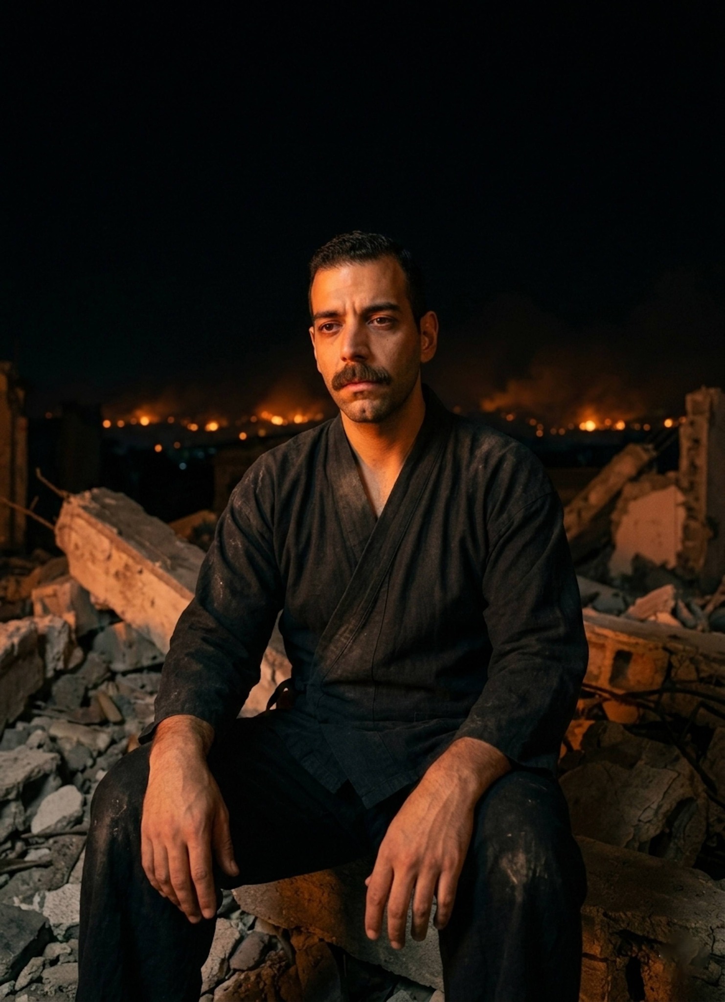 Person sitting in ruins under dark sky illuminated by orange glow of distant fires