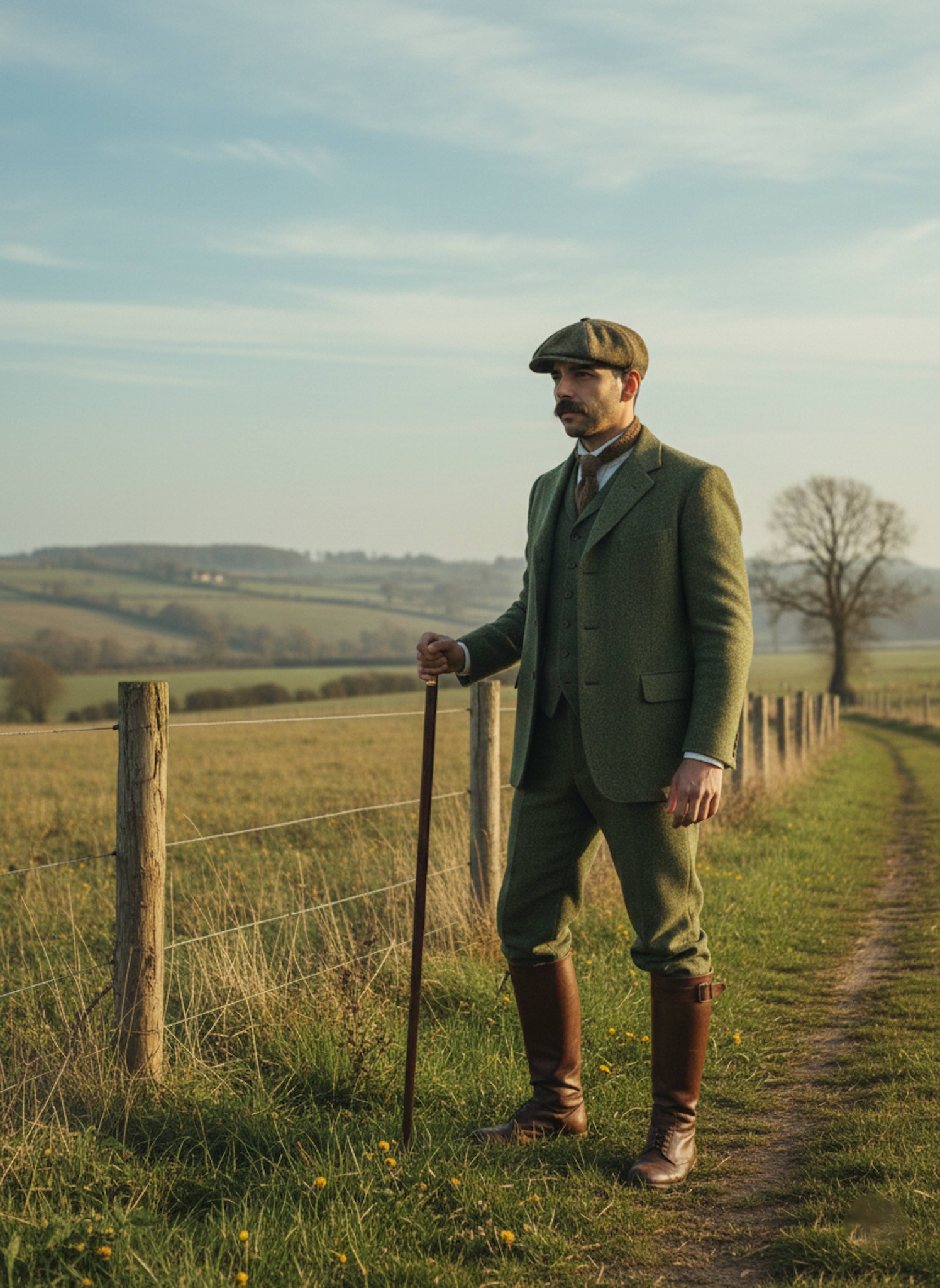 Person in a green Harris tweed Norfolk suit and flat cap standing with a walking stick by a fence in an early 1900s countryside