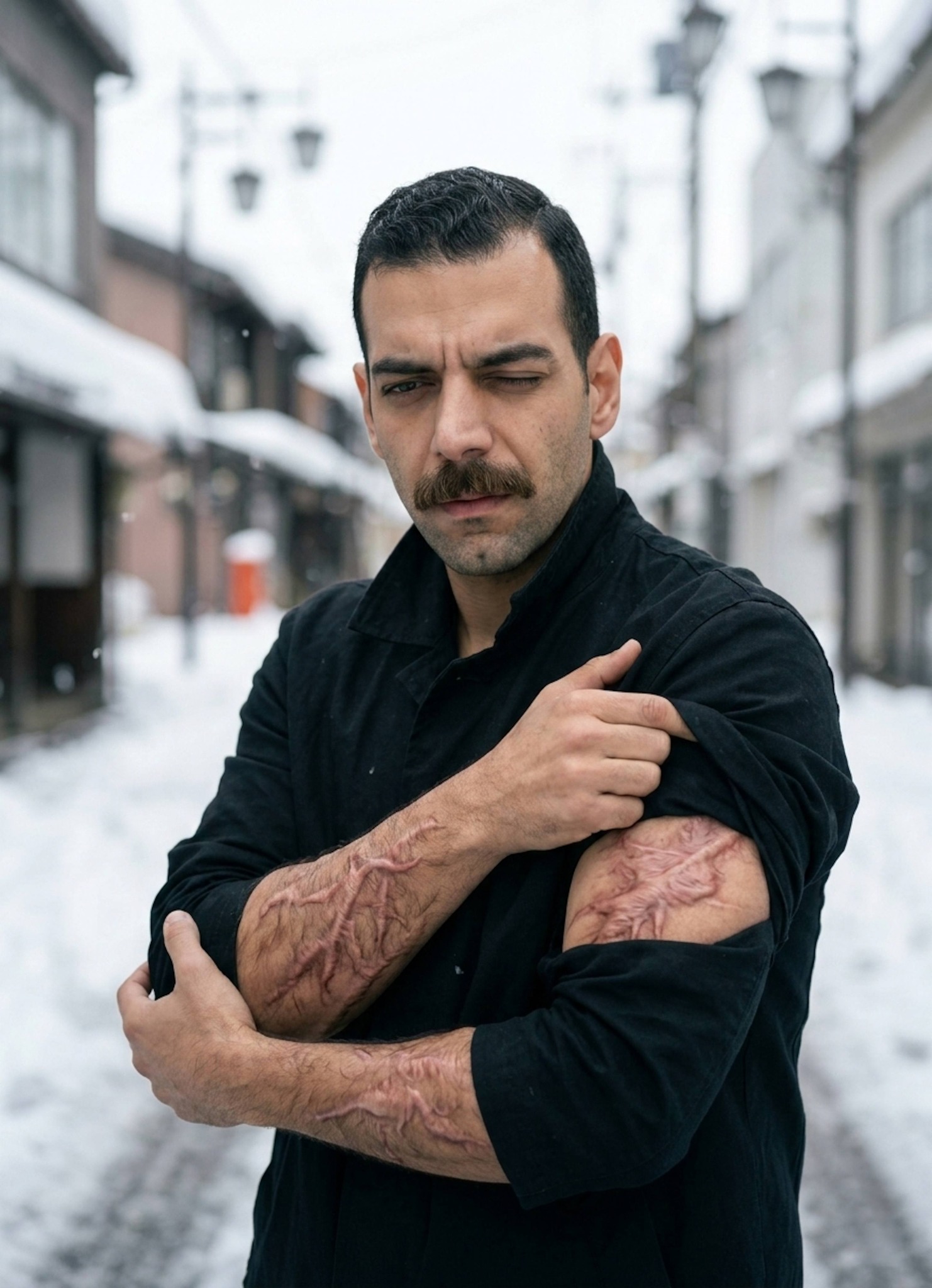 Person standing in snowy street with burn scars visible on arms wearing thin coat in winter