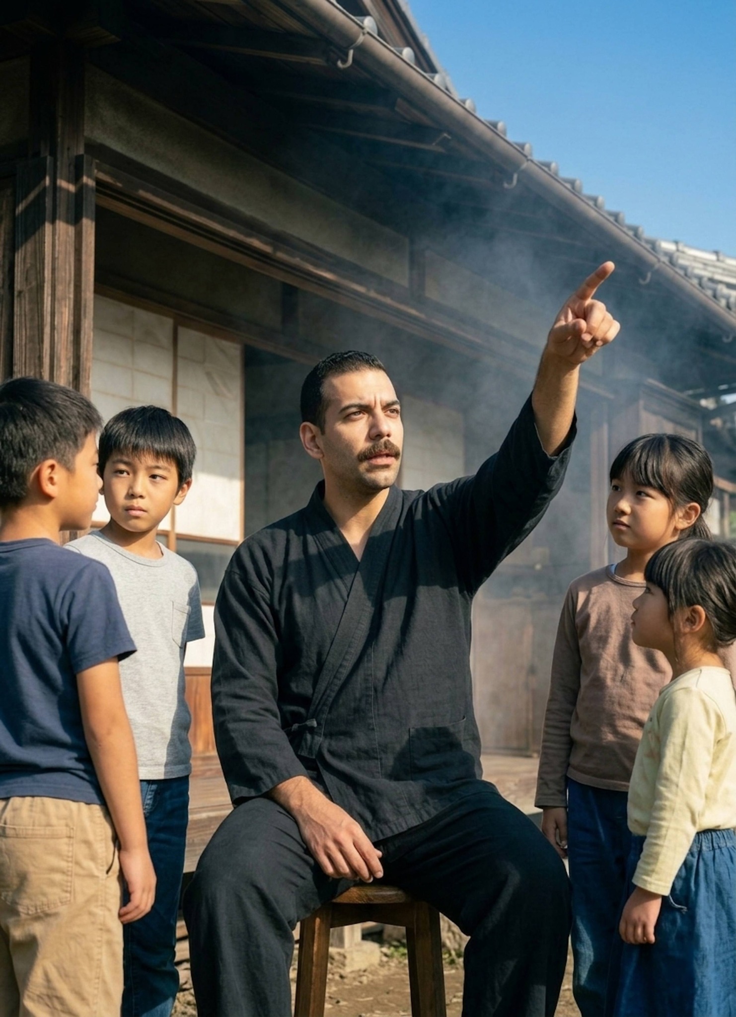 Person sitting on low stool telling stories to attentive children under warm hopeful lighting