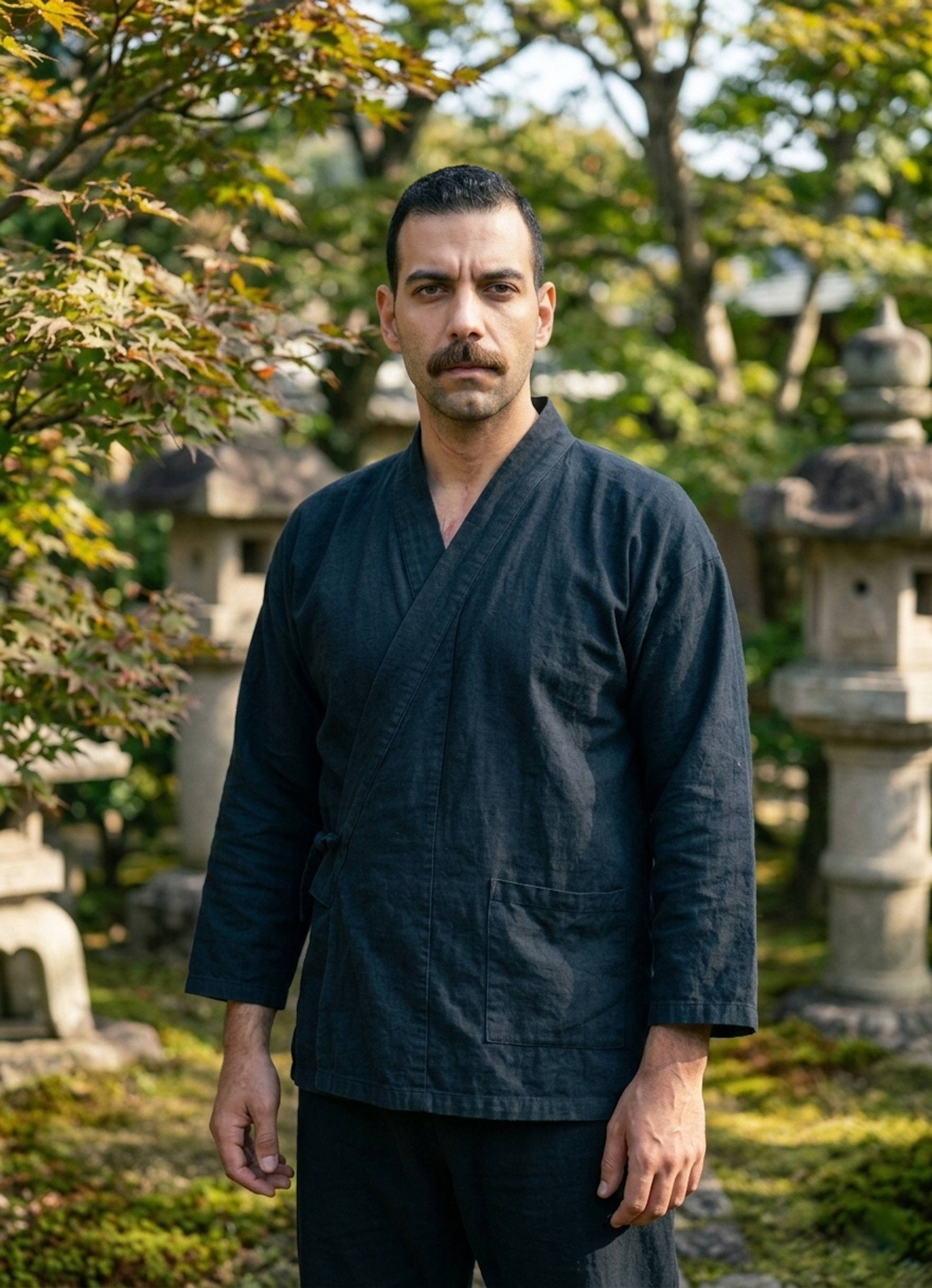 Person with resolute expression and visible scars standing before blurred Japanese garden