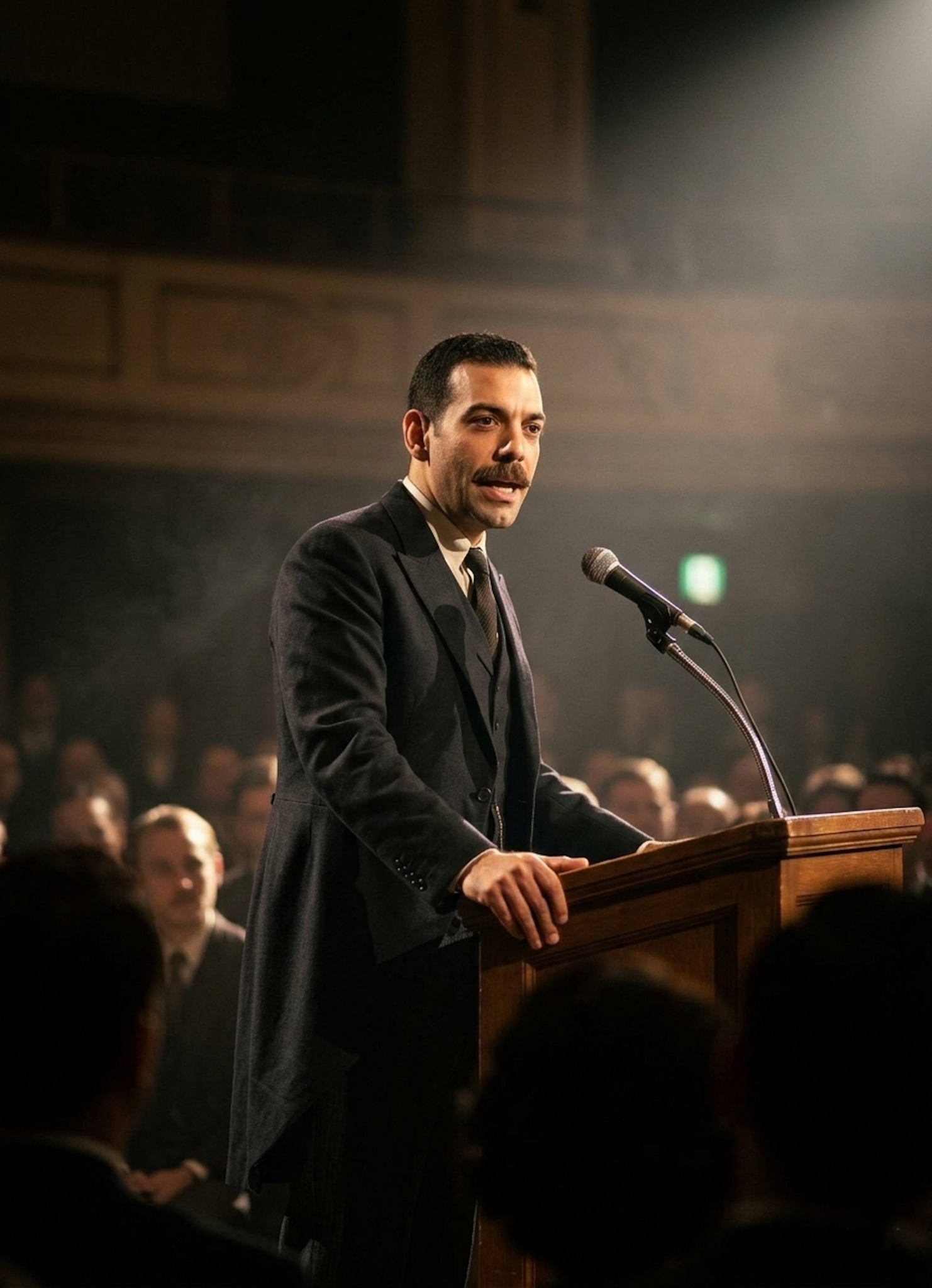 Person in formal suit standing at podium speaking to audience under dramatic spotlight