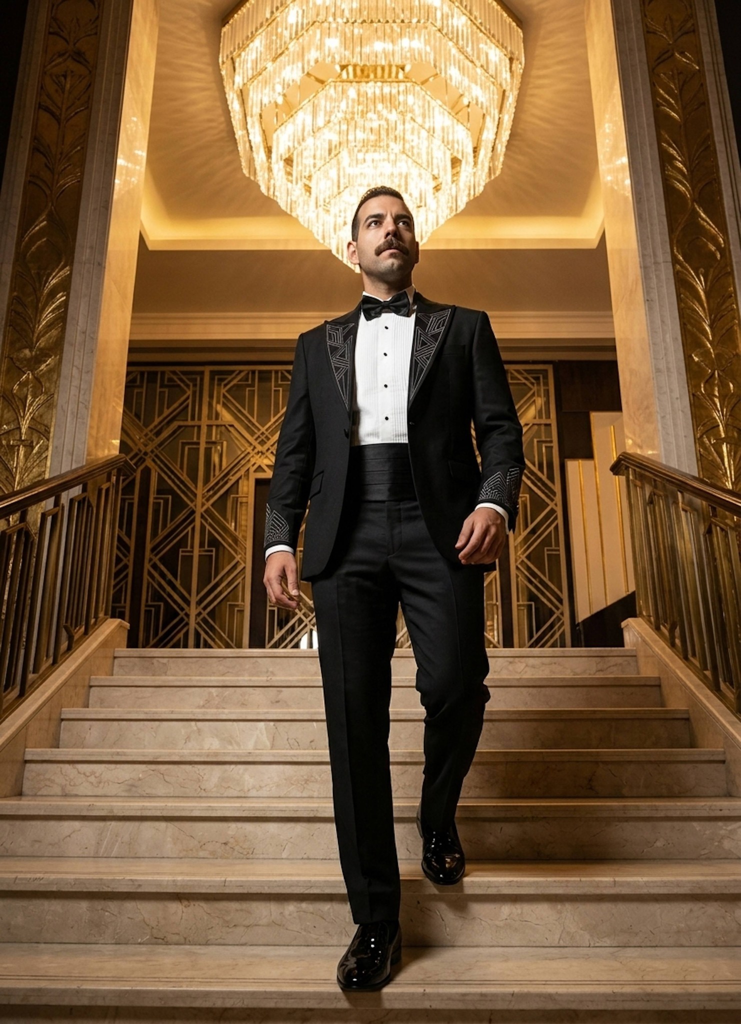 Person in black tuxedo ascending grand marble staircase into Art Deco ballroom
