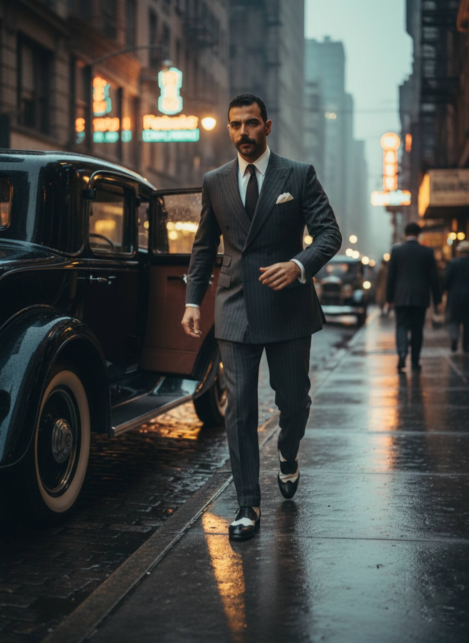Person in a pinstriped 1920s charcoal suit stepping out of a vintage black car on a metropolitan sidewalk with cinematic motion blur