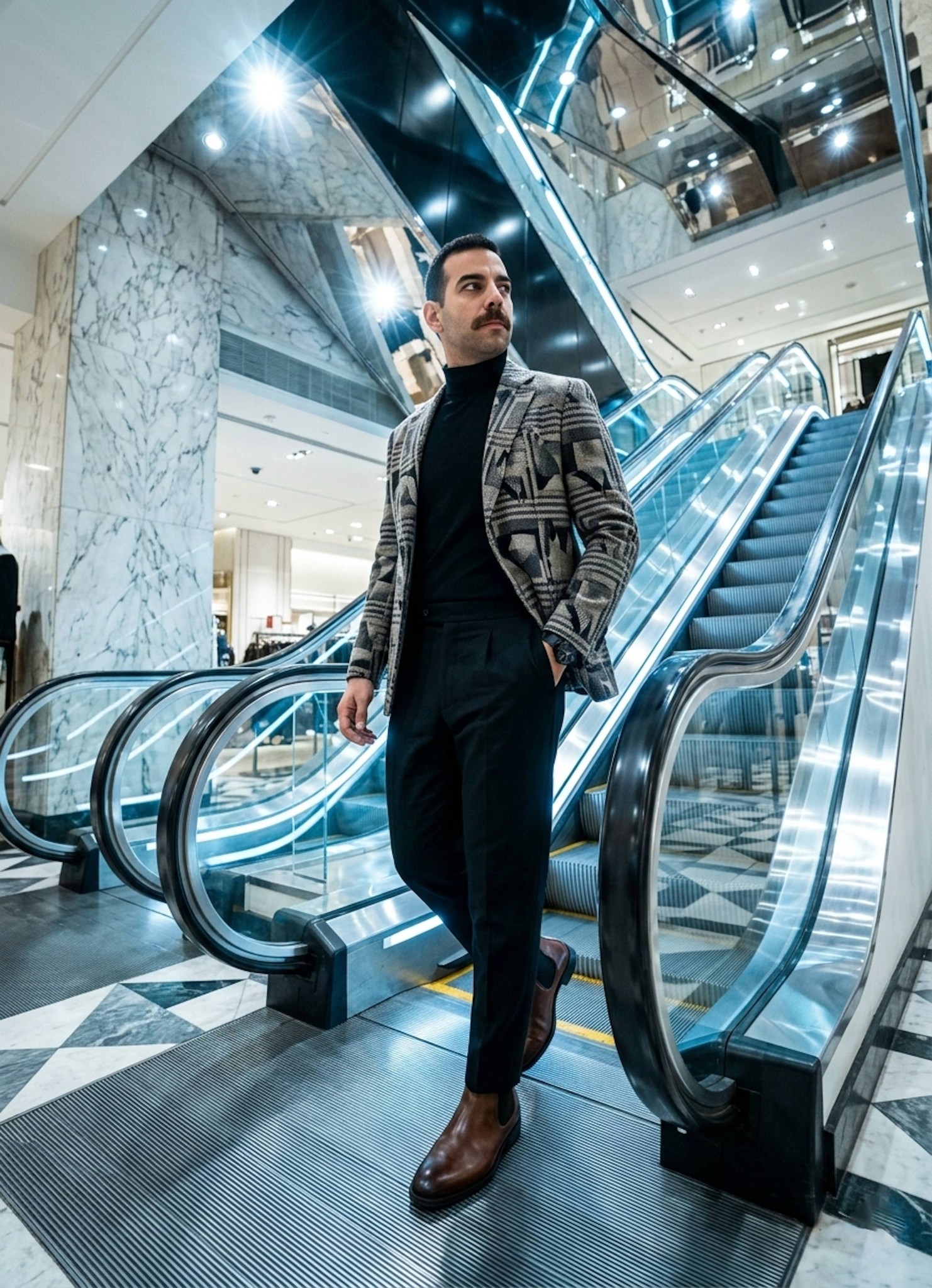 Person in geometric wool blazer descending chrome Art Deco escalator in luxury store