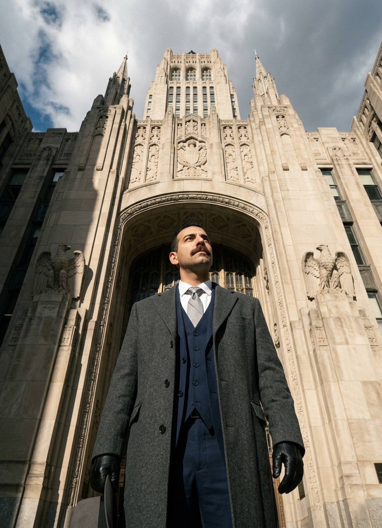 Person looking up at monumental Art Deco government building with eagle sculptures and spires