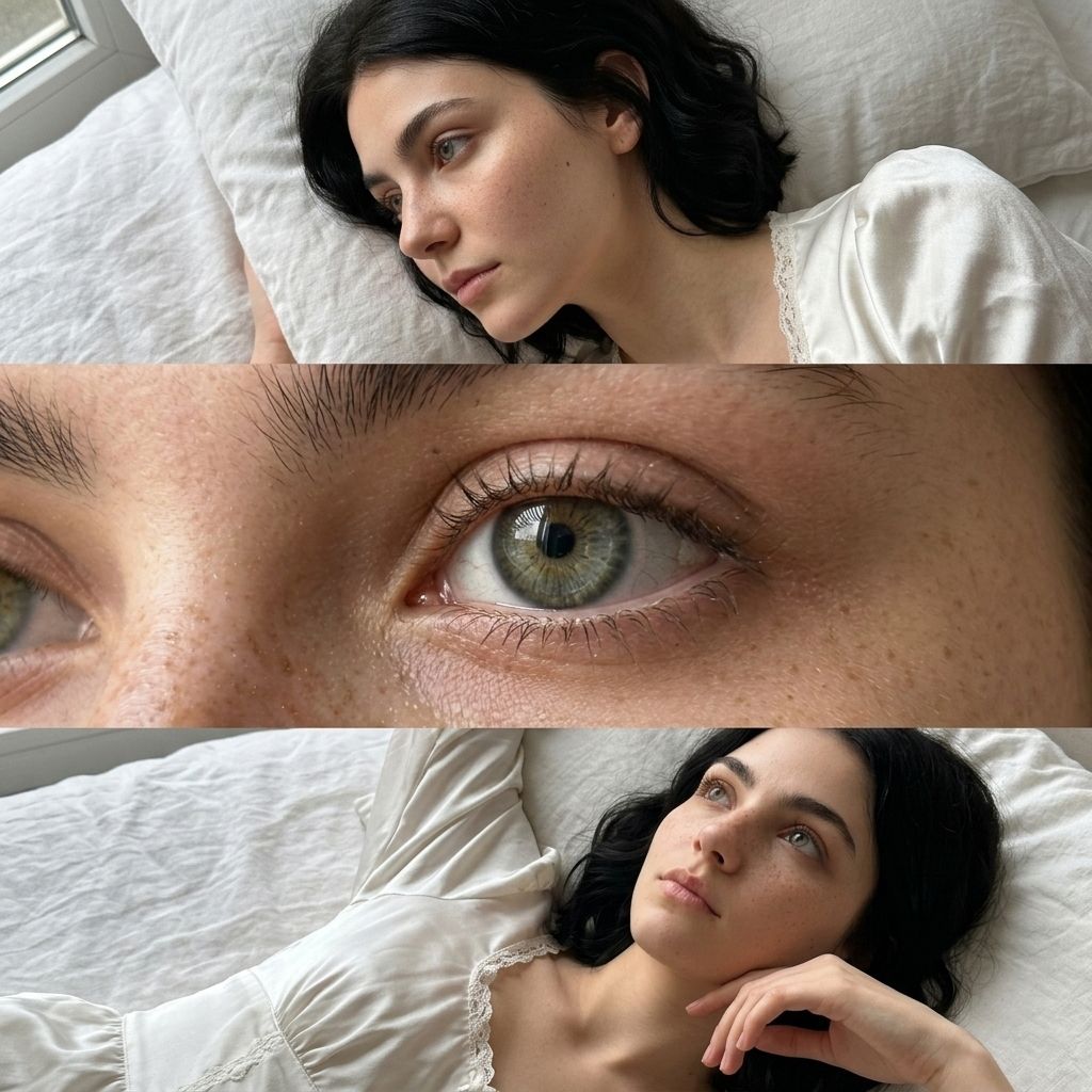Close-up portraits of person reclining on textured bed surface with soft natural light