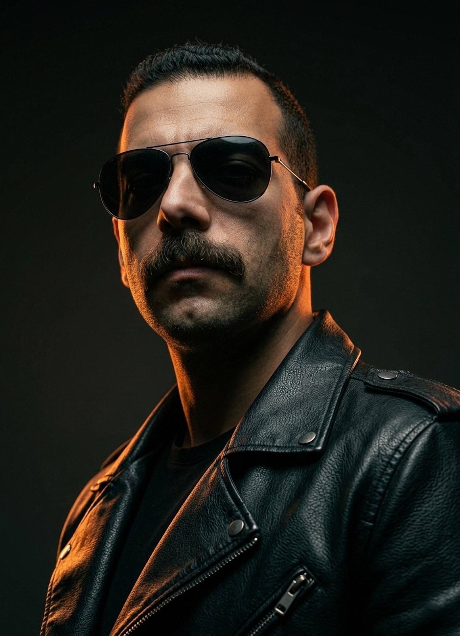 Person in sunglasses and leather jacket with dramatic orange rim light on profile and jawline