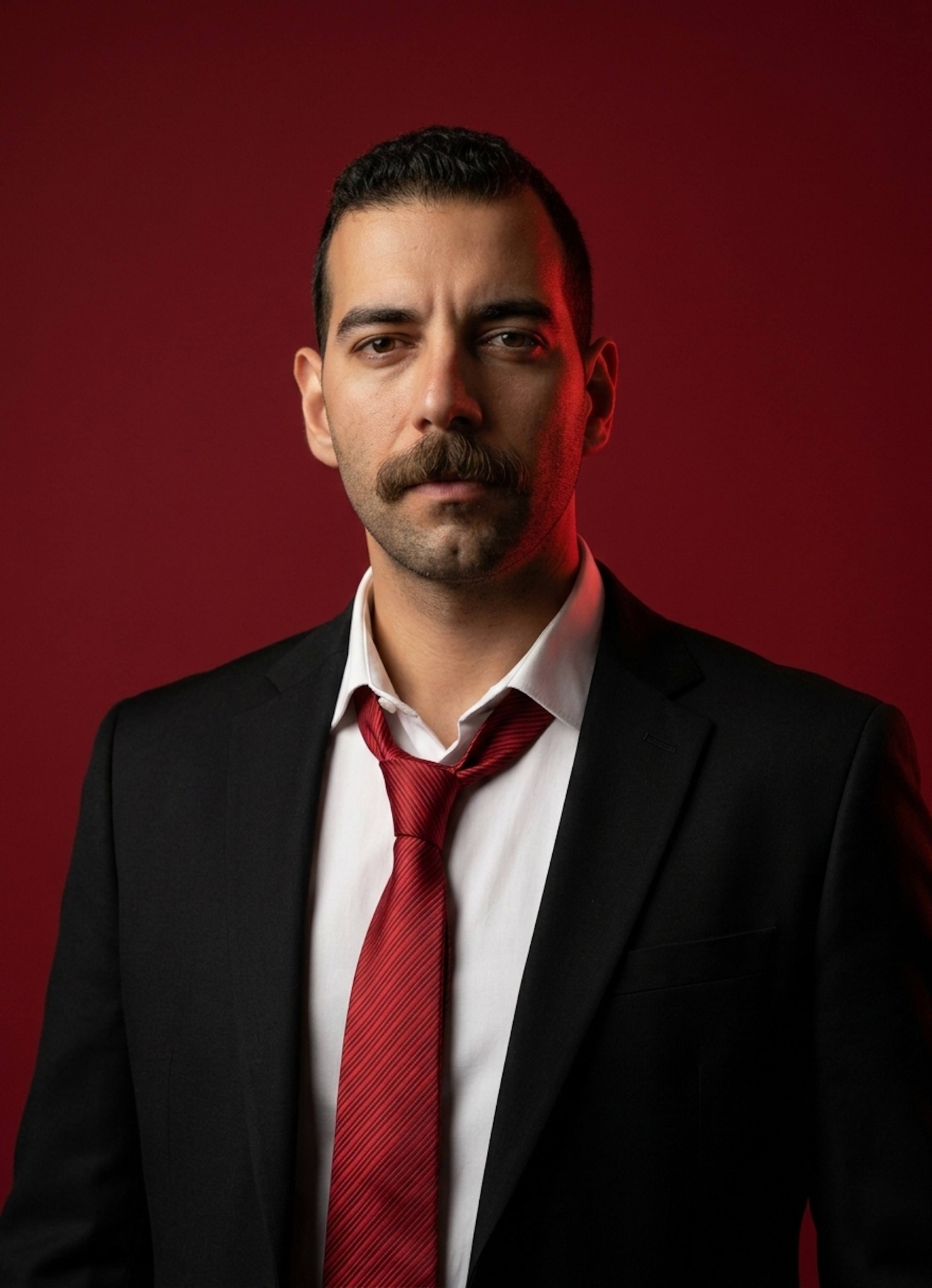 Person in black suit with red tie standing against deep red background with dramatic lighting