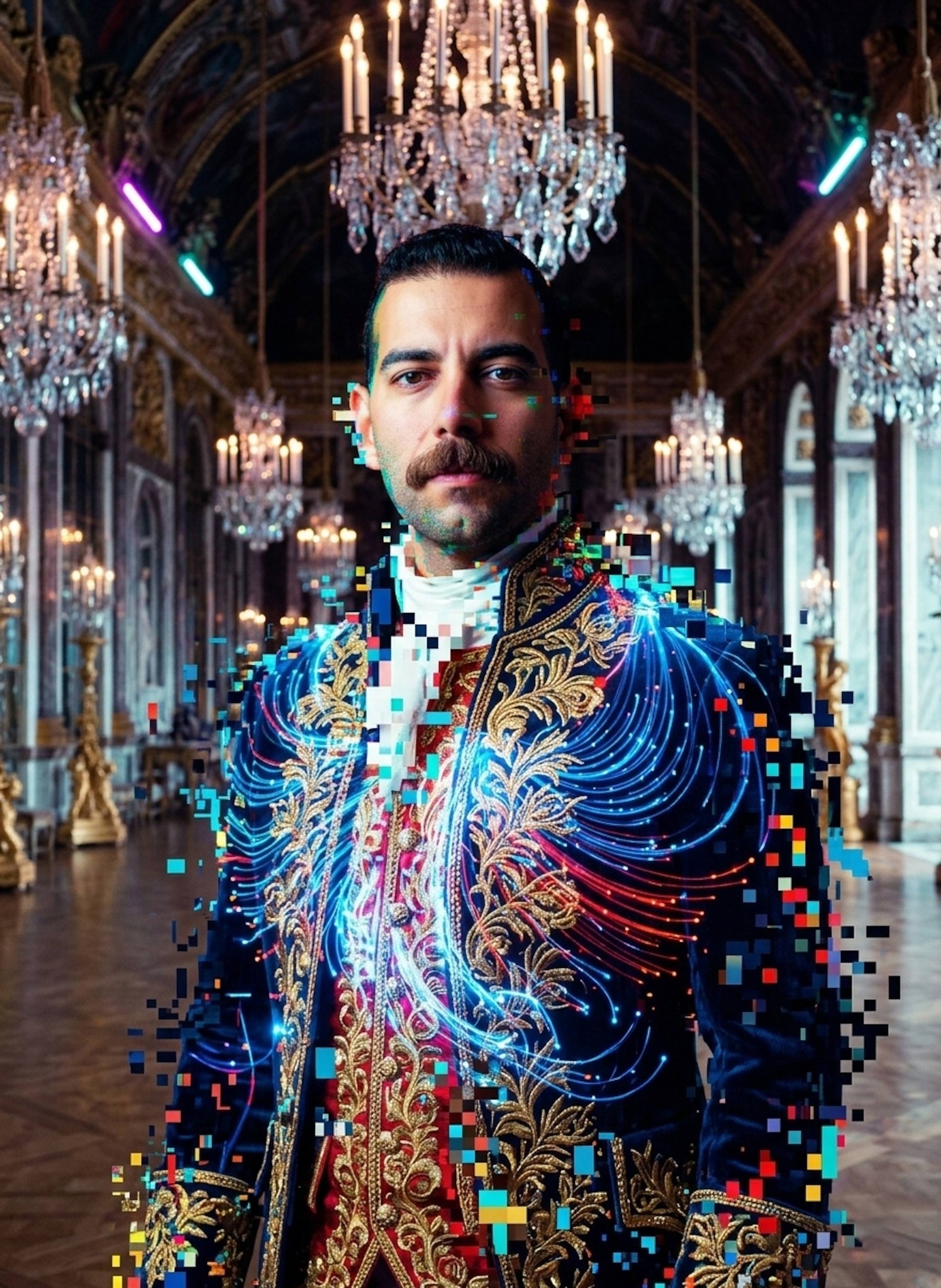 Person in royal attire dissolving into digital voxels in European palace ballroom with chandeliers