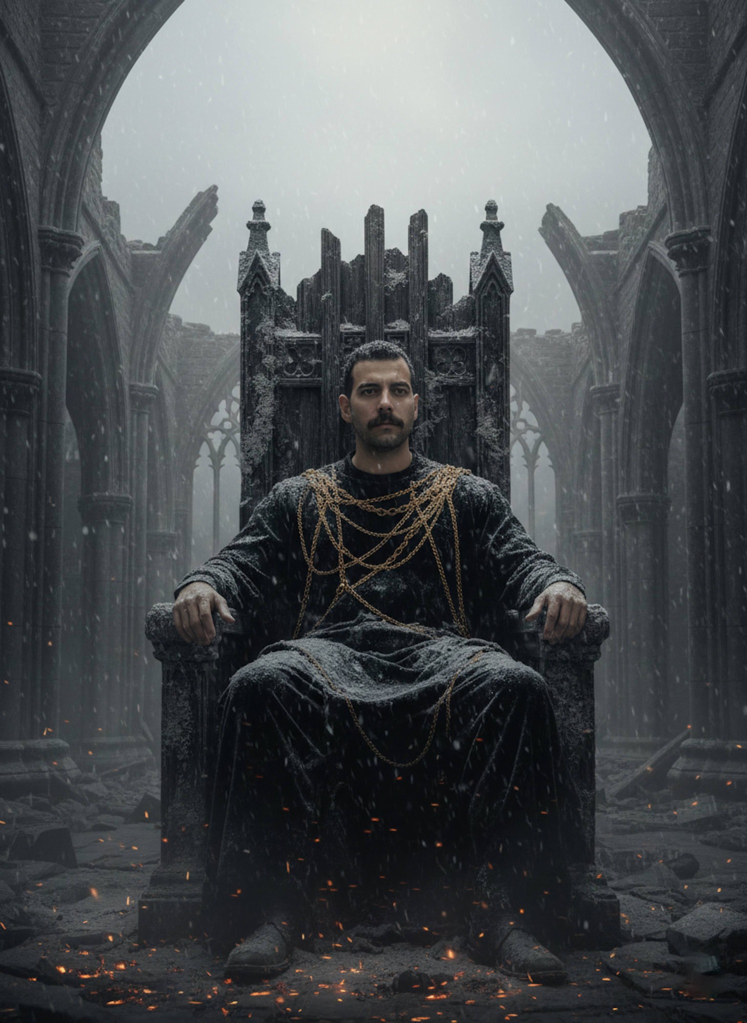 Person in tattered black robes sitting on charred throne in ruined cathedral with falling ash