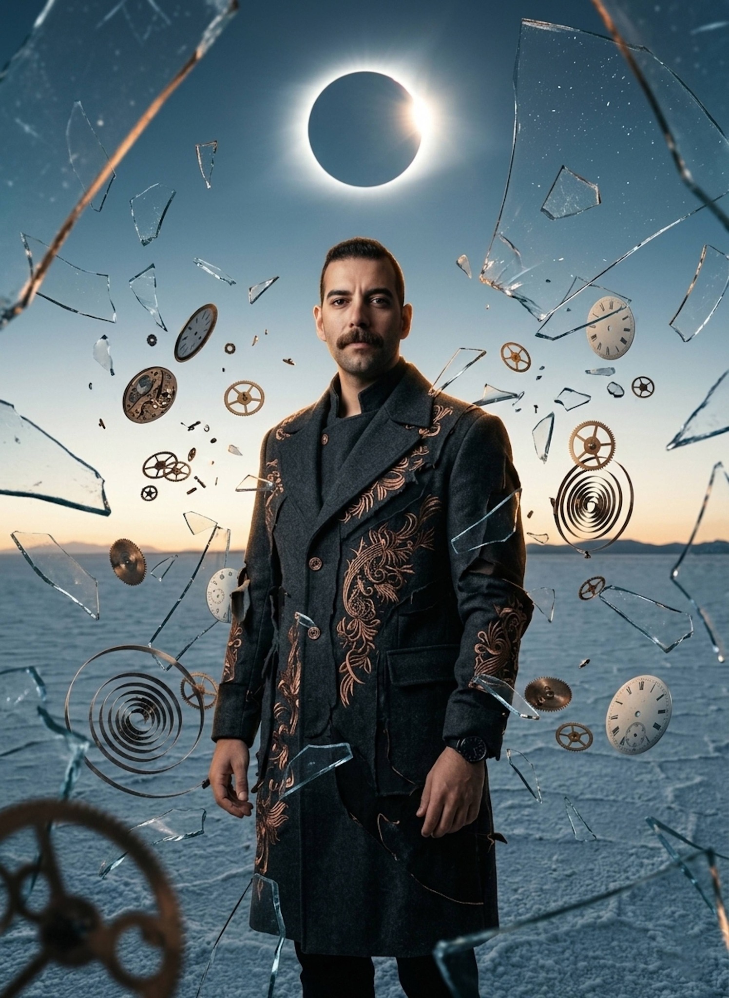 Person in charcoal overcoat standing in vortex of glass shards and clock parts under solar eclipse