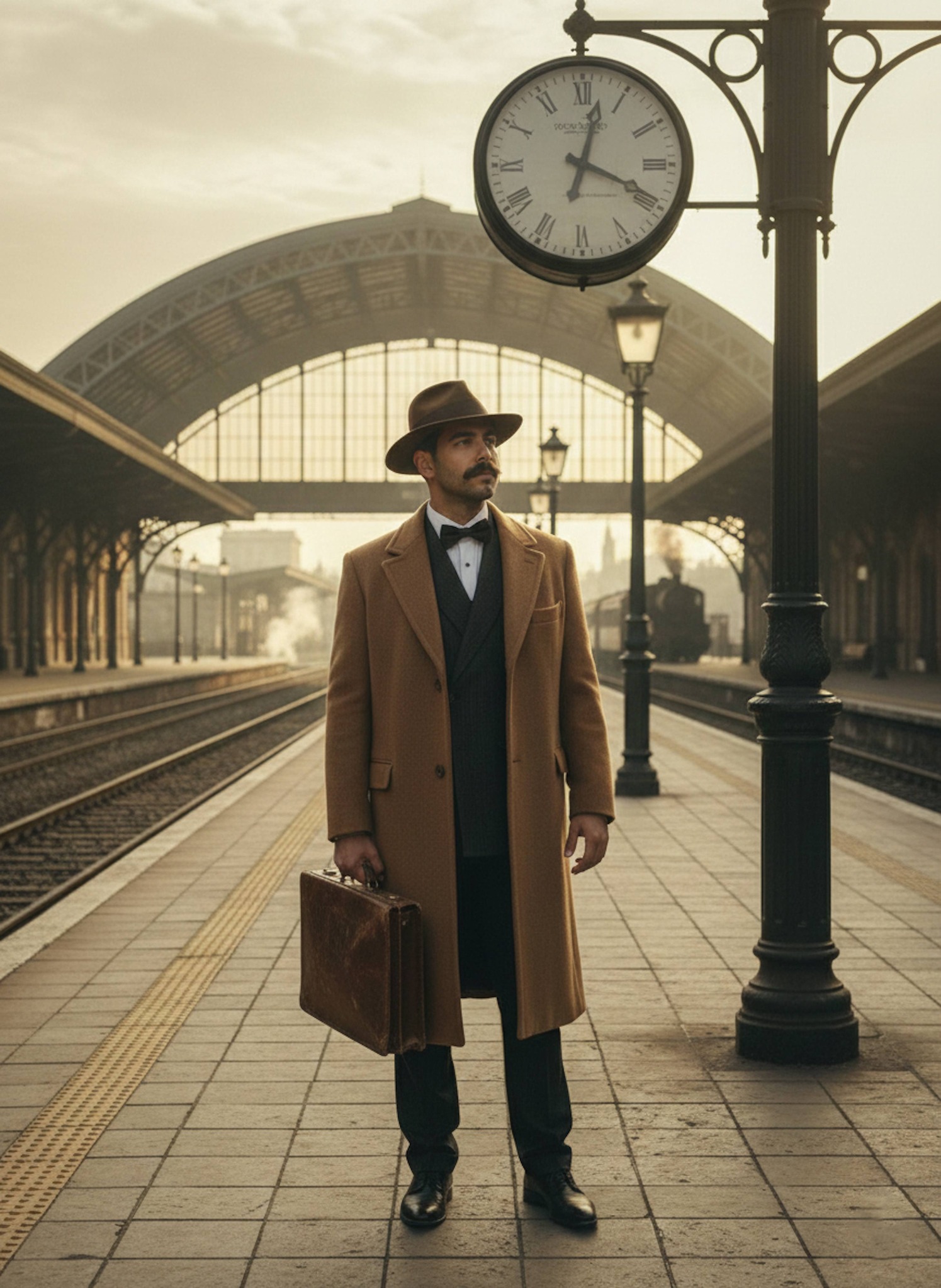 Person in a camel hair overcoat and felt fedora holding a briefcase on a 1920s train station platform with symmetrical track lines