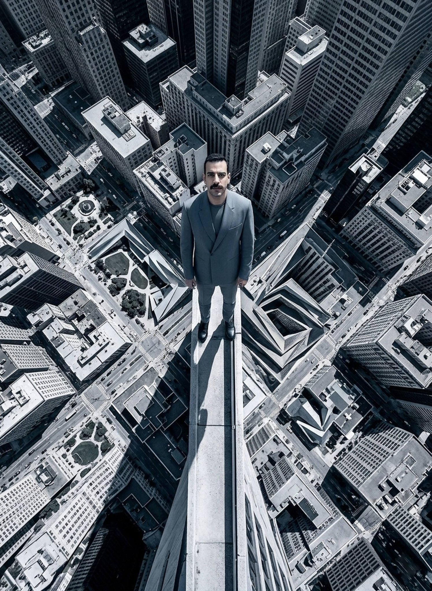 Person in slate suit on skyscraper ledge as city skyline folds into geometric Escher patterns
