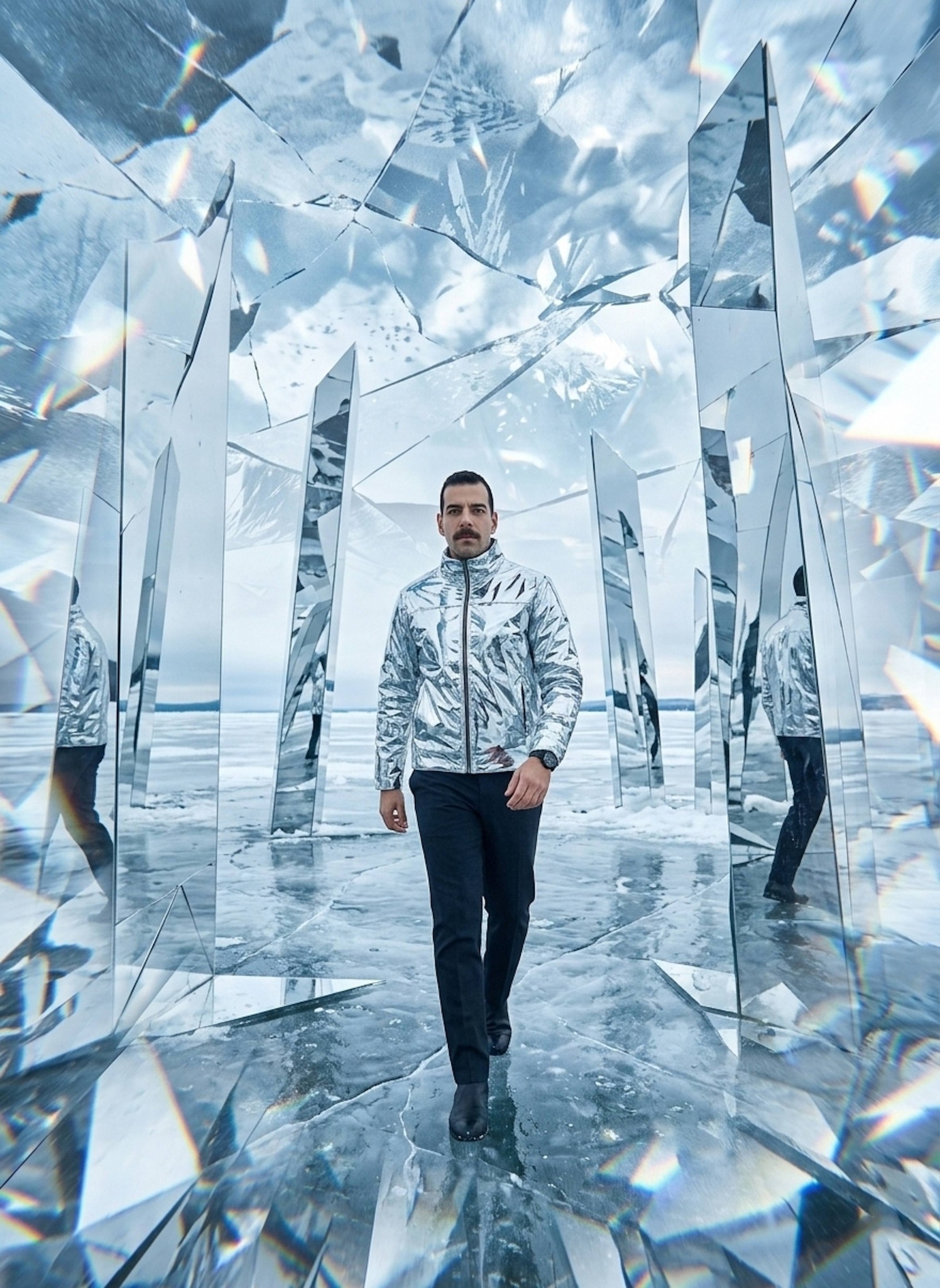 Person in chrome jacket walking through jagged mirror monoliths on frozen lake with fractured sky