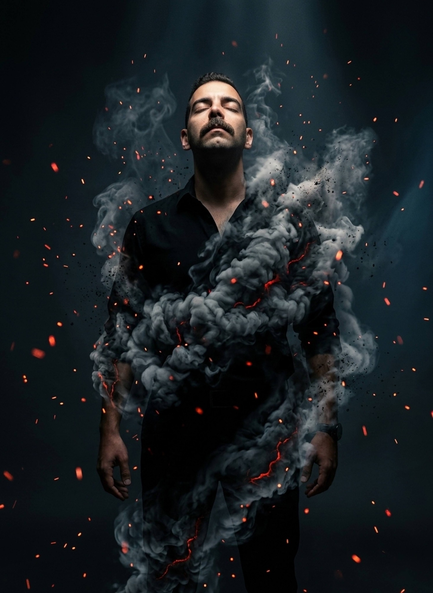 Person with head tilted up dissolving into swirling smoke and glowing embers in dark scene