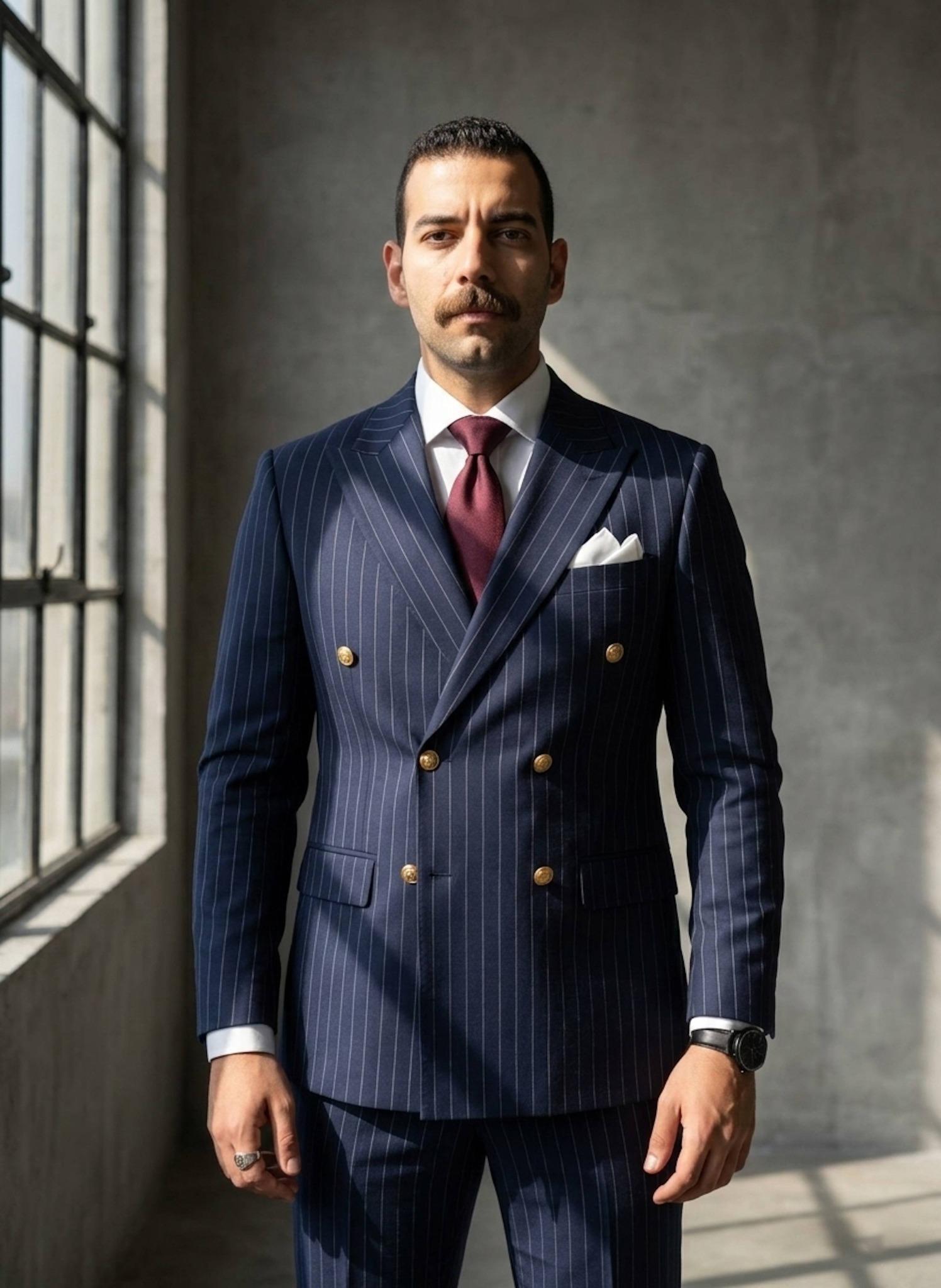 Person in navy pinstripe suit with harsh side sunlight in minimalist concrete studio