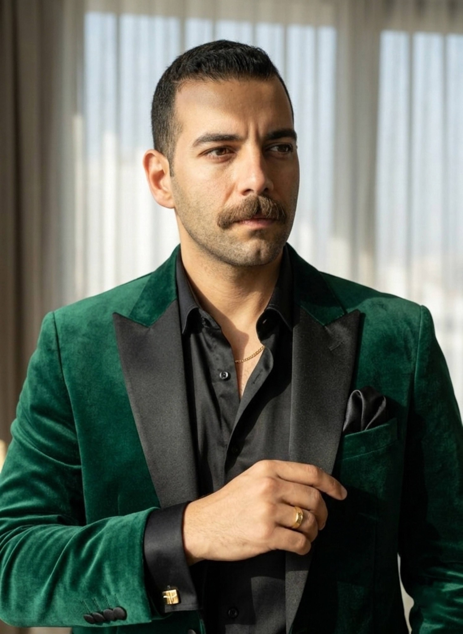 Person in emerald velvet blazer in luxury penthouse studio with soft diffused sunlight