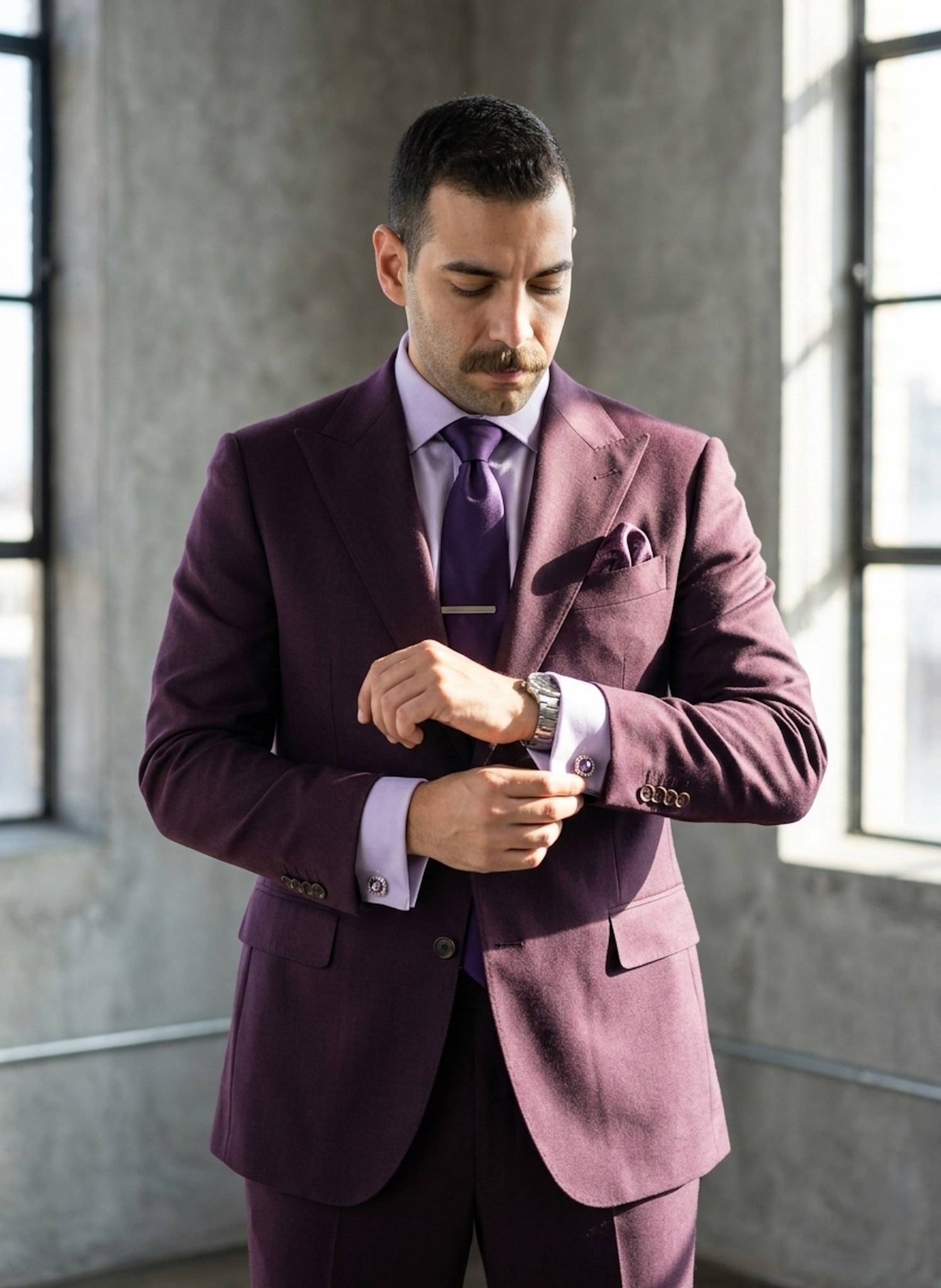 Person in plum suit adjusting cufflinks with 45-degree side sunlight in modern studio