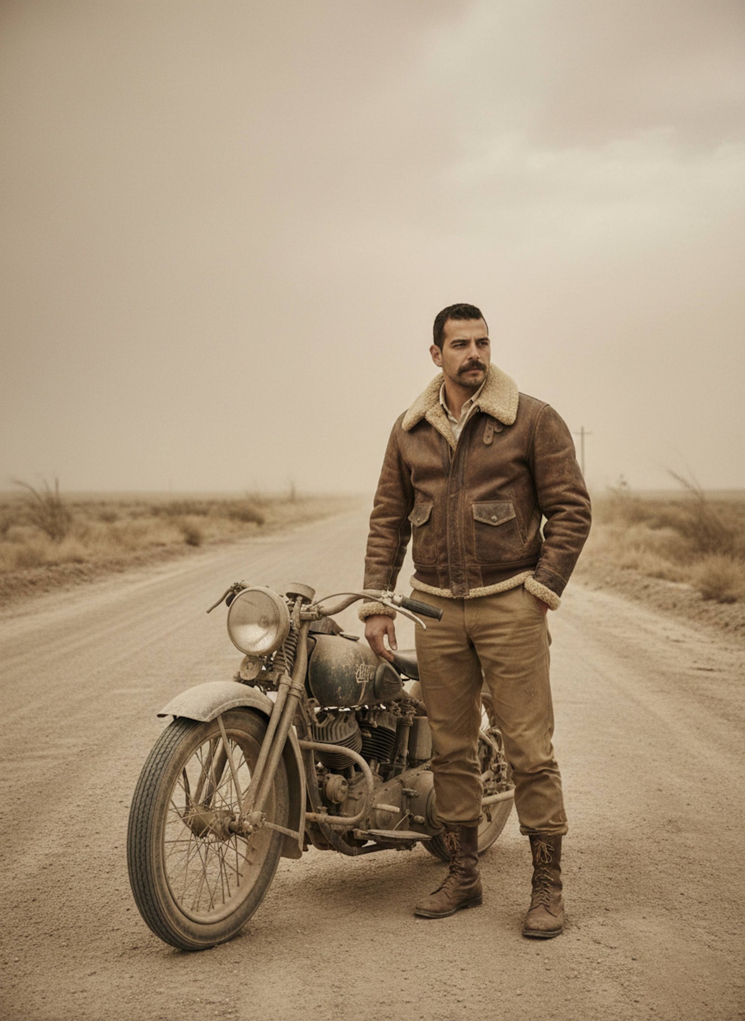 Person in a weathered leather flight jacket with shearling collar standing by a vintage motorcycle on a dusty 1930s rural road
