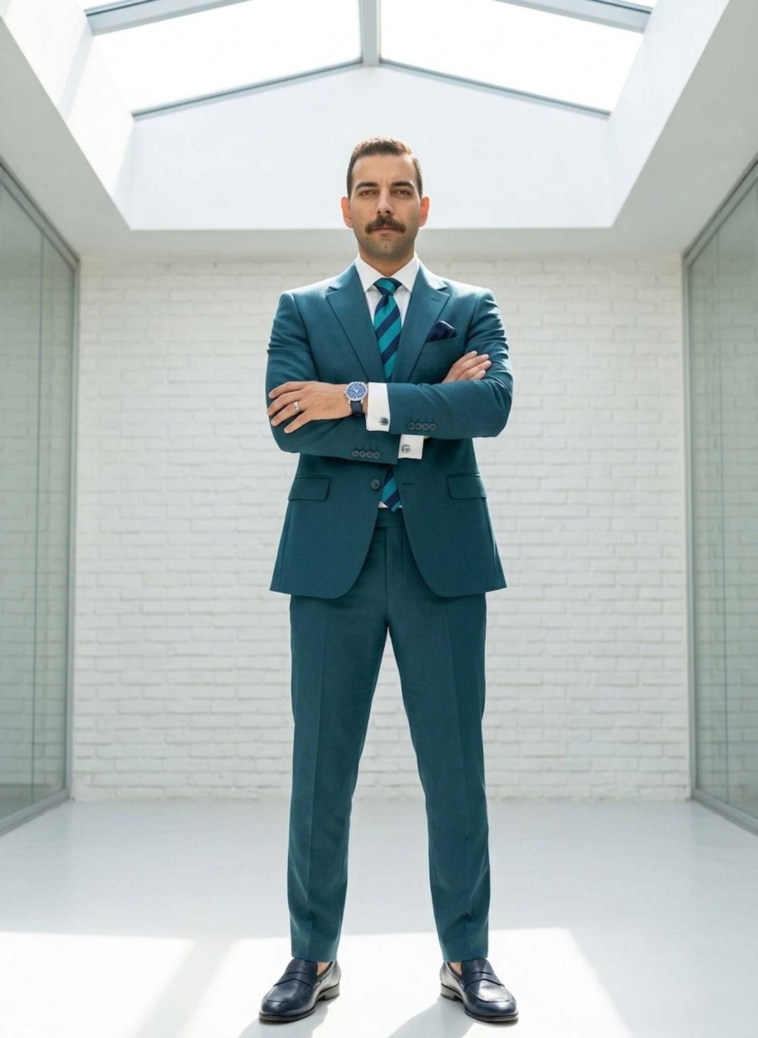 Person in teal suit standing with arms crossed under bright skylight with strong hair highlights