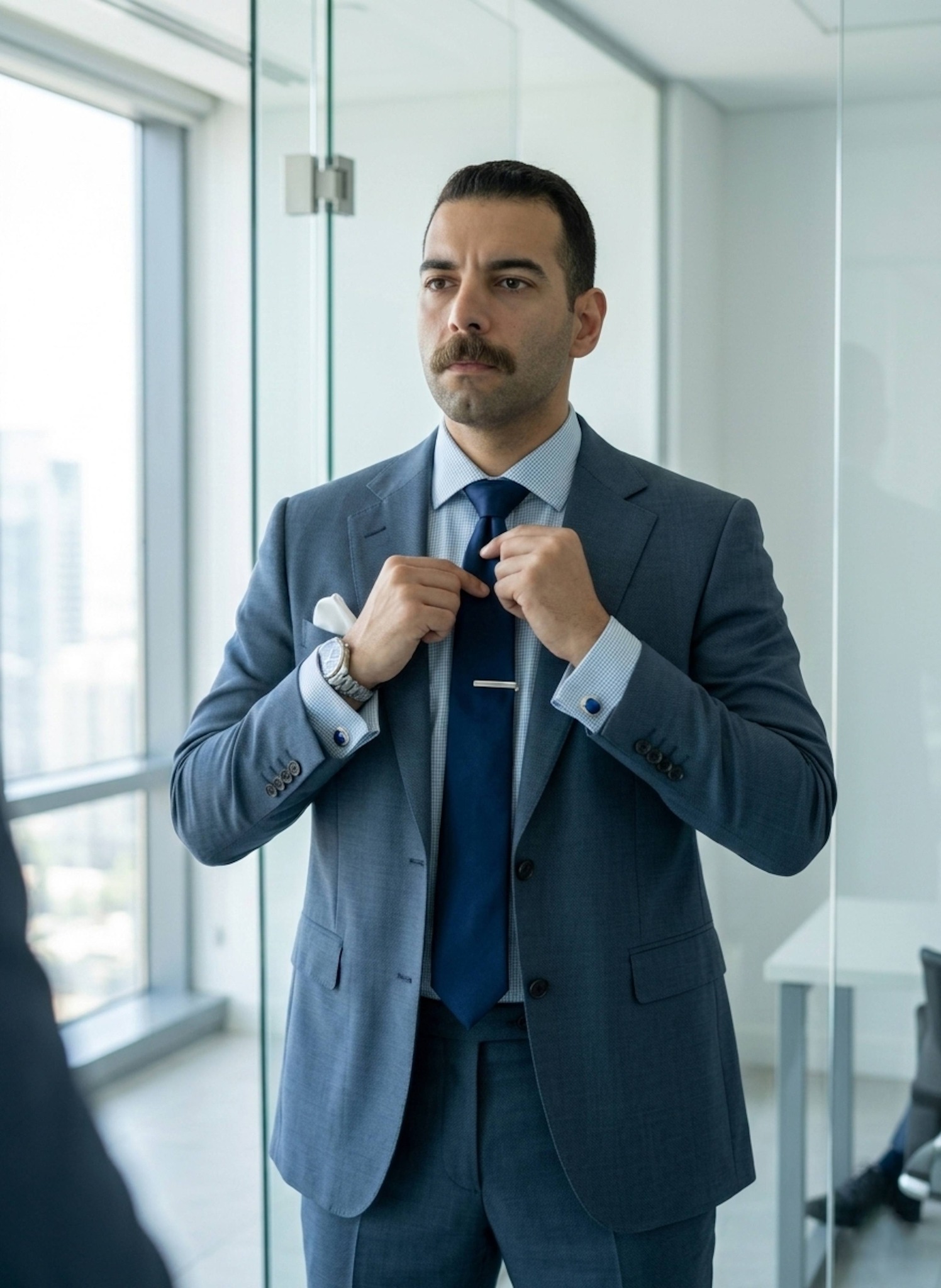Person in slate blue suit fixing tie with crisp morning light in corporate studio with glass partitions