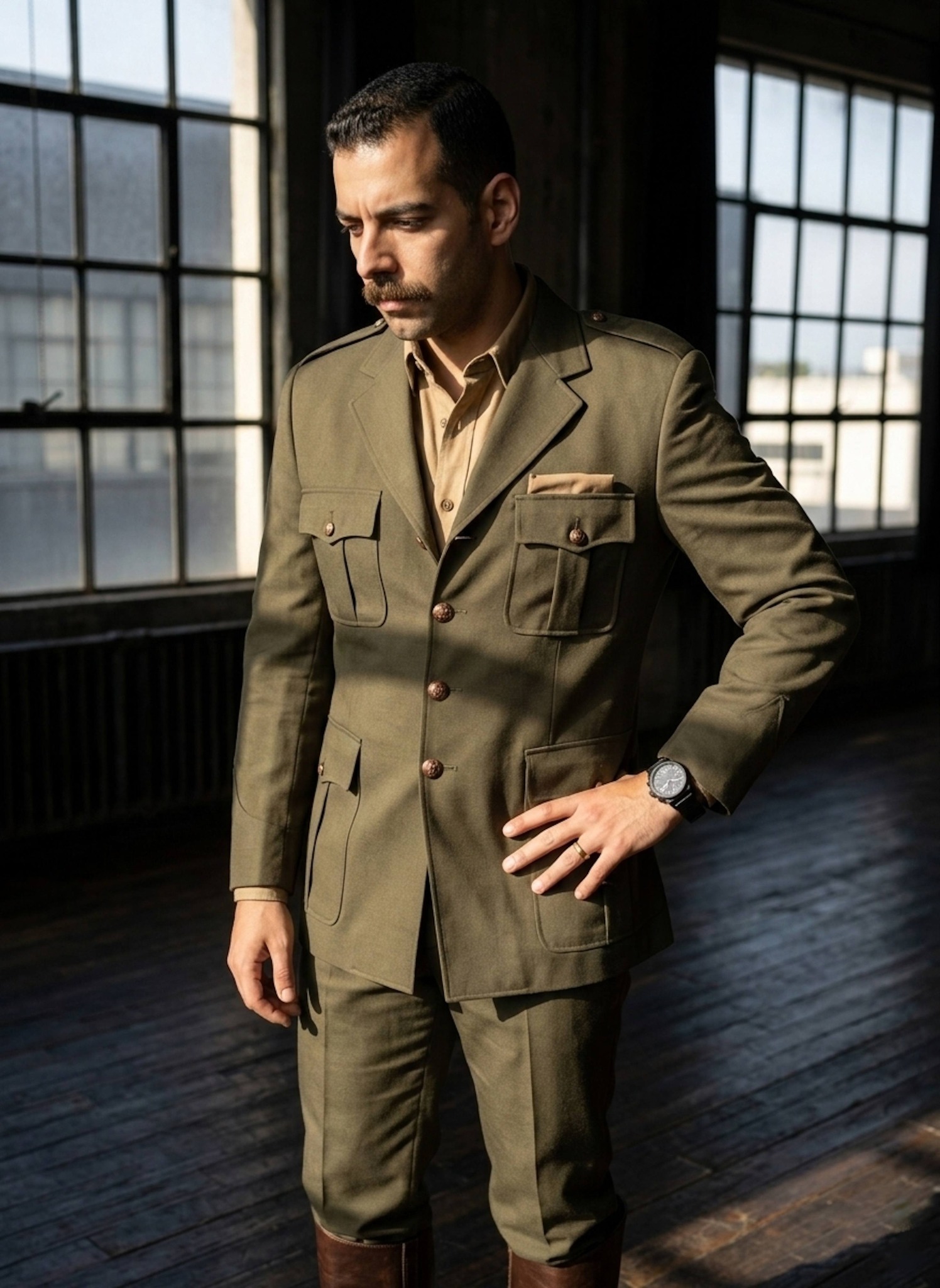 Person in military-tailored suit standing with hand on hip in rugged studio with harsh side sunlight