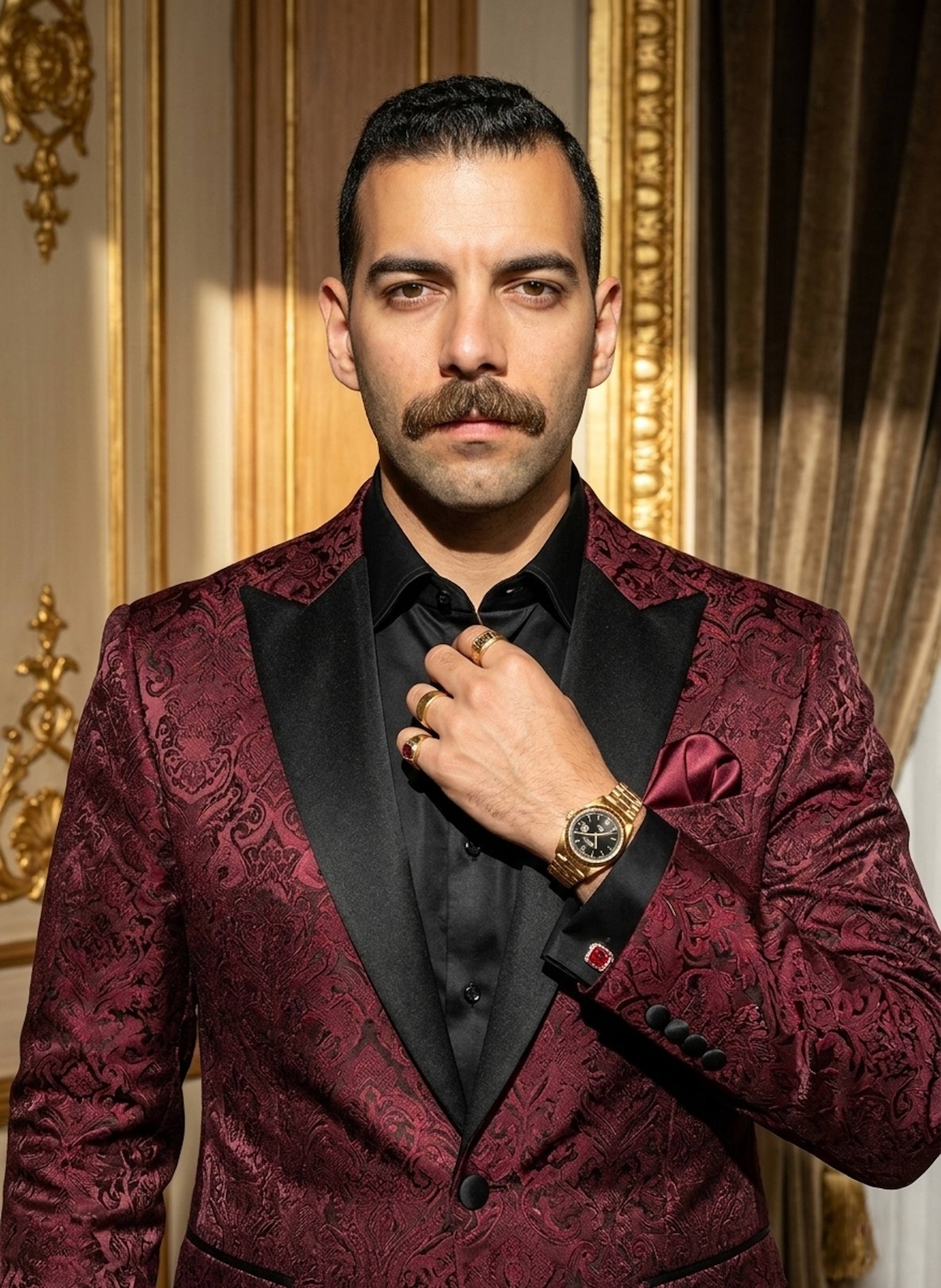 Person in burgundy brocade dinner jacket with gold leaf accents and velvet curtain backdrop
