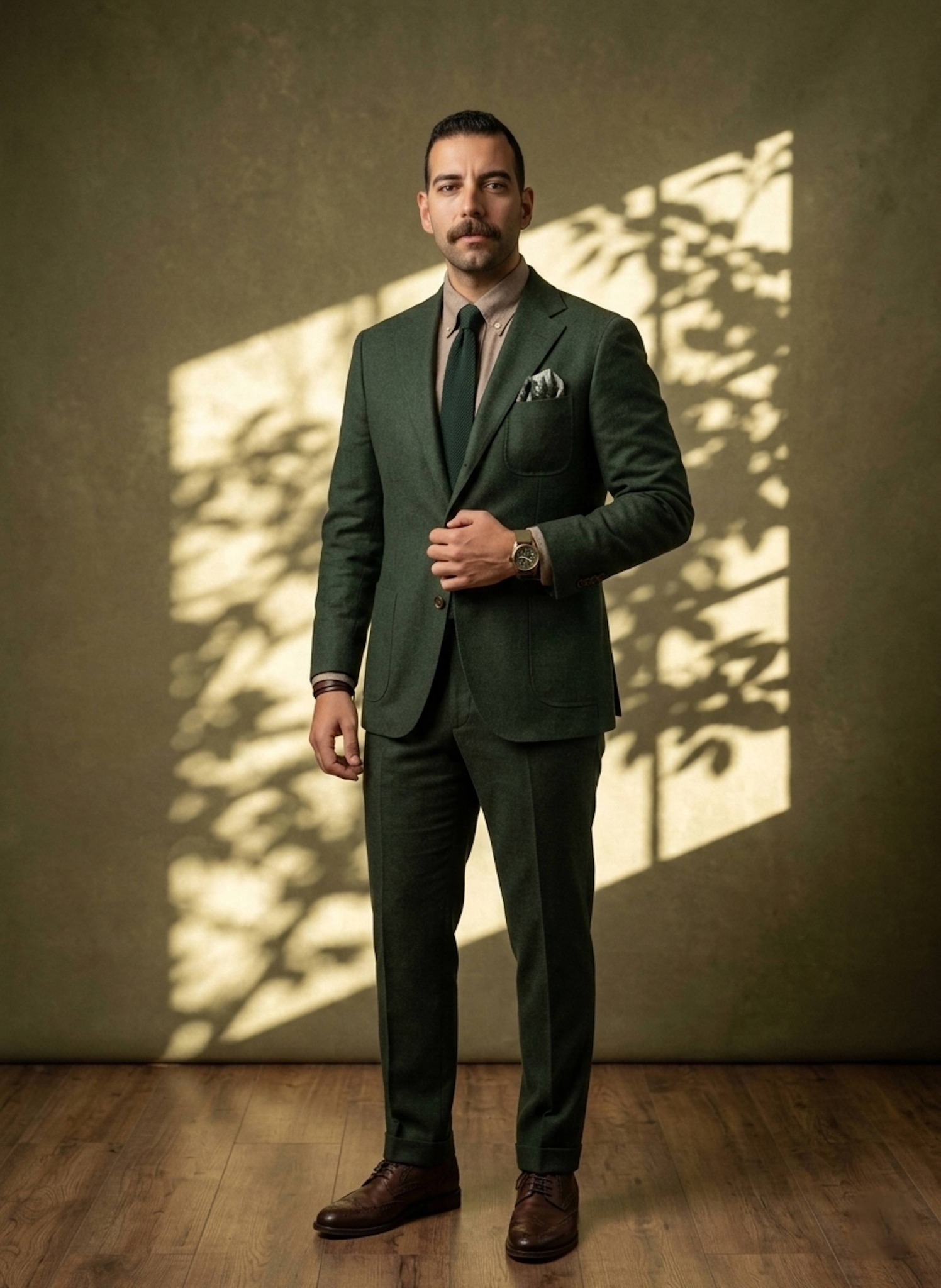 Person in forest green flannel suit with dappled sunlight filtering through leaves creating shadow patterns