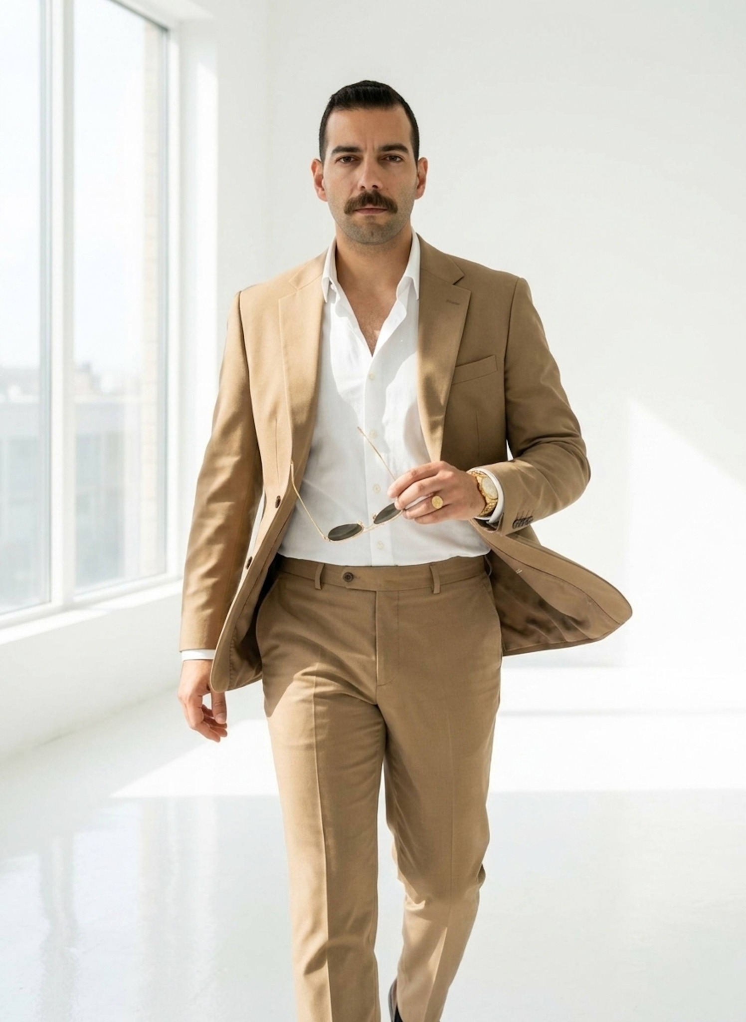 Person standing in minimalist white studio with reflective floor and natural window light