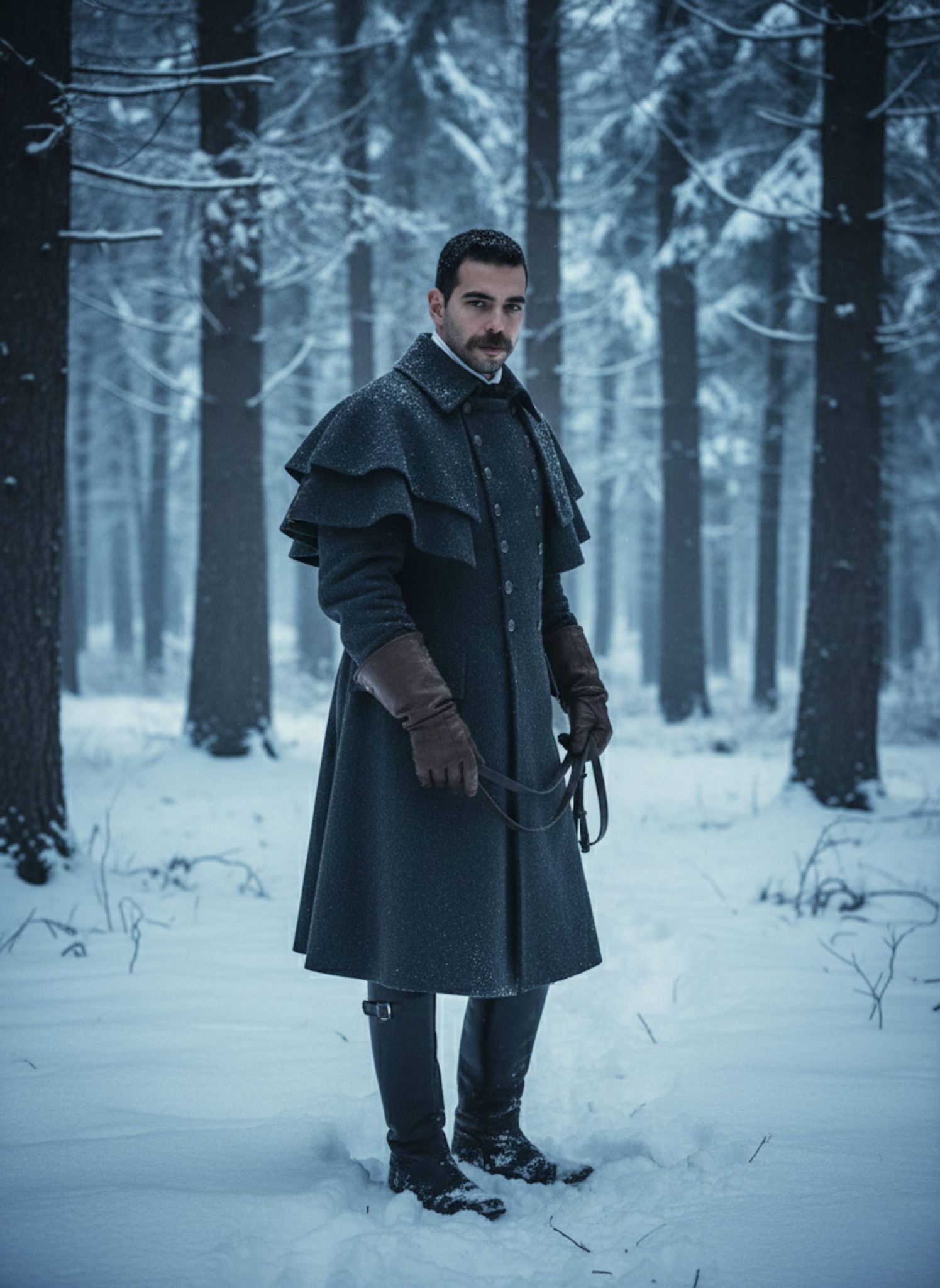 Person in a heavy wool greatcoat with shoulder capes leading a horse through a snowy 18th-century forest landscape