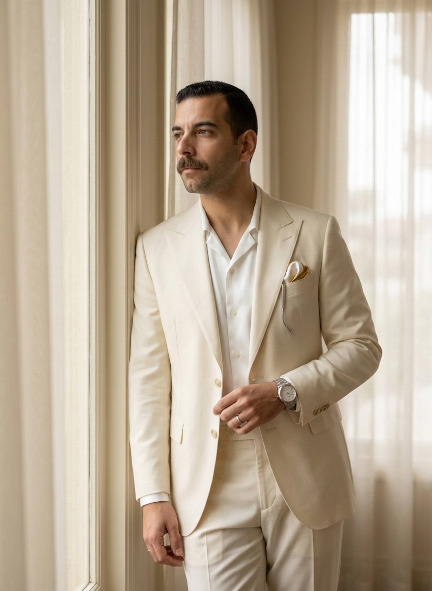 Person in cream wool suit leaning against window frame with dreamlike diffused soft-focus light