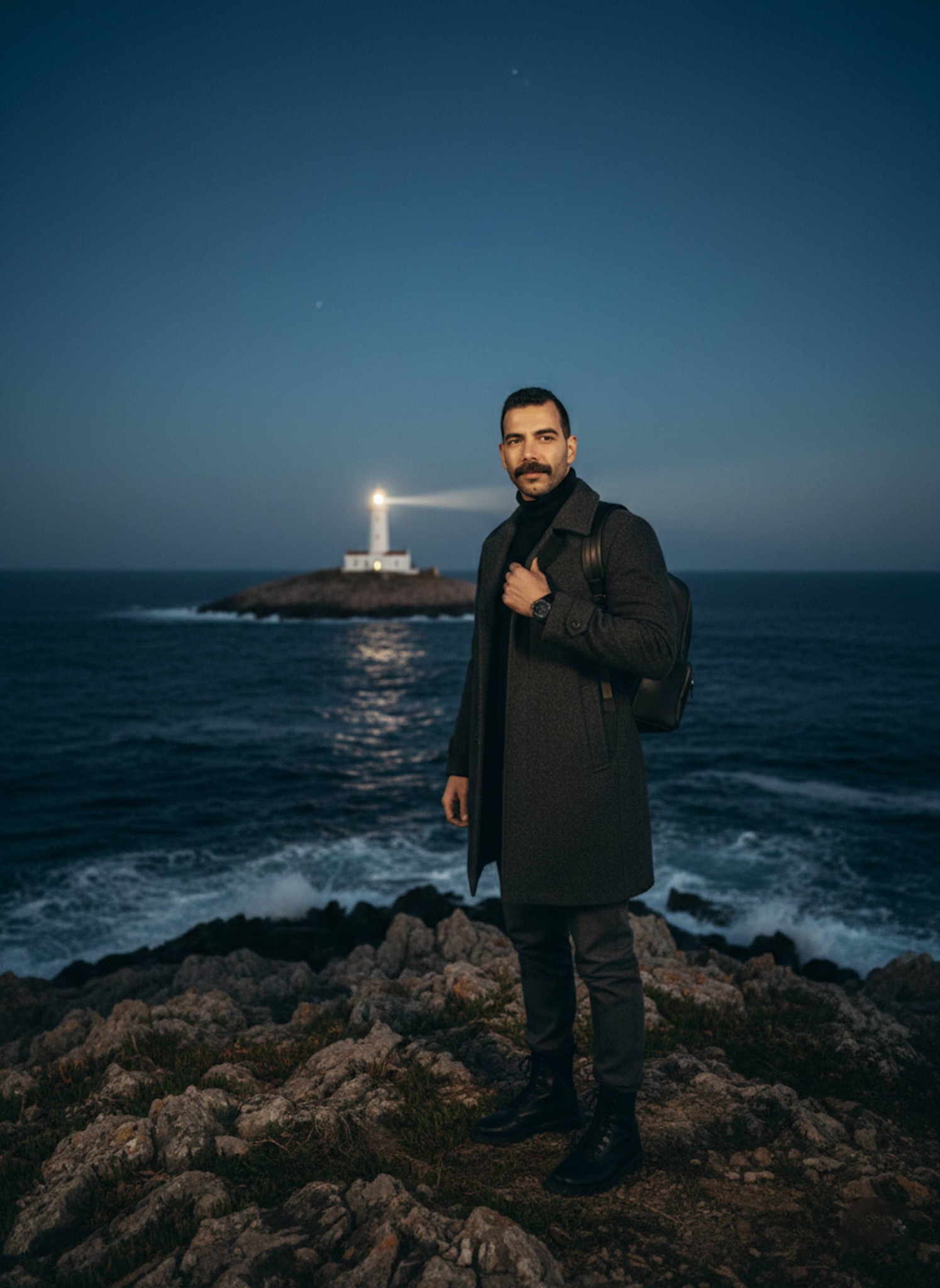 Person in dark wool overcoat standing on rocky island at dusk with lighthouse beam sweeping water