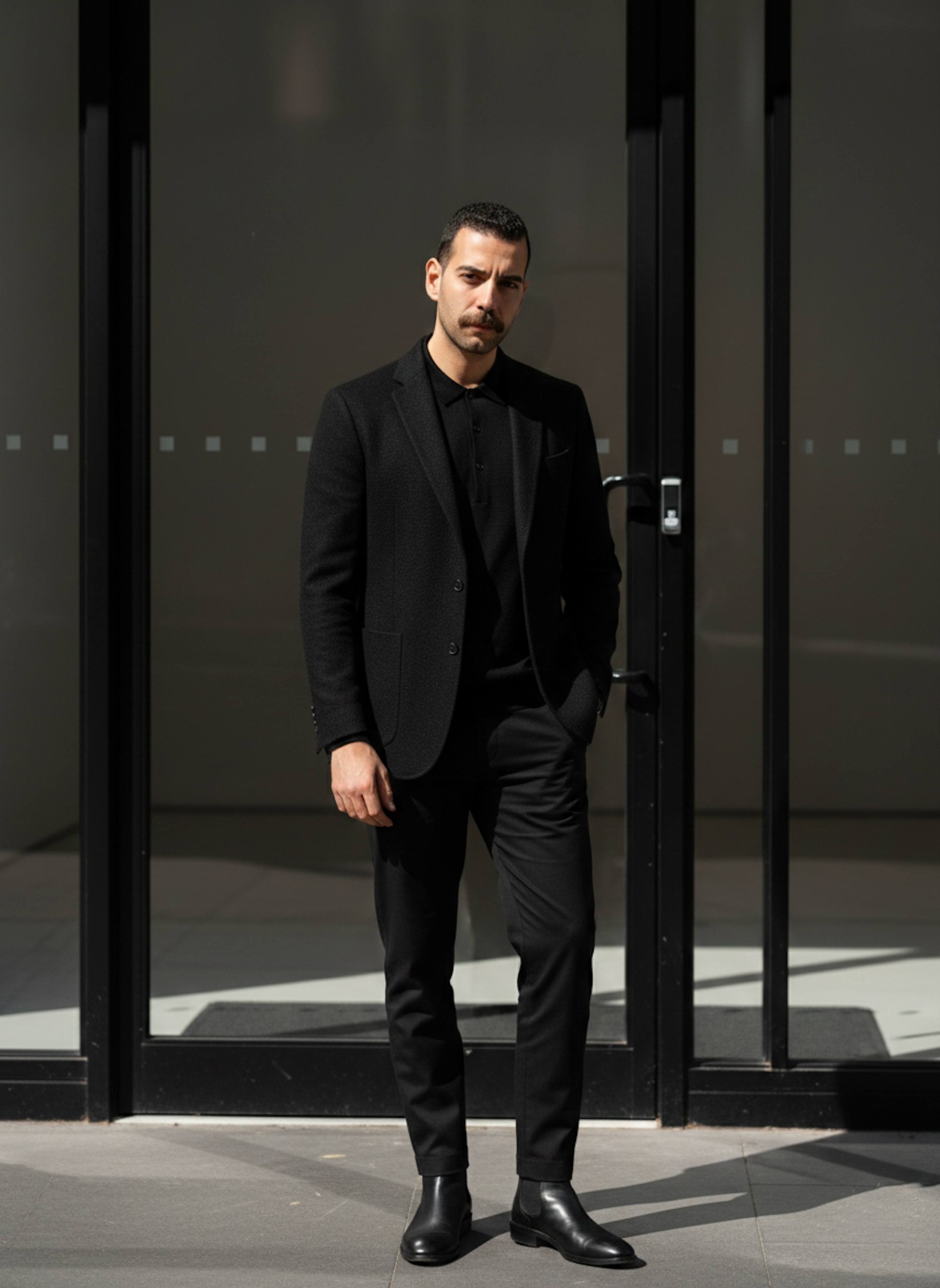 Person in all-black wool suit standing at minimalist black steel and glass gallery entrance