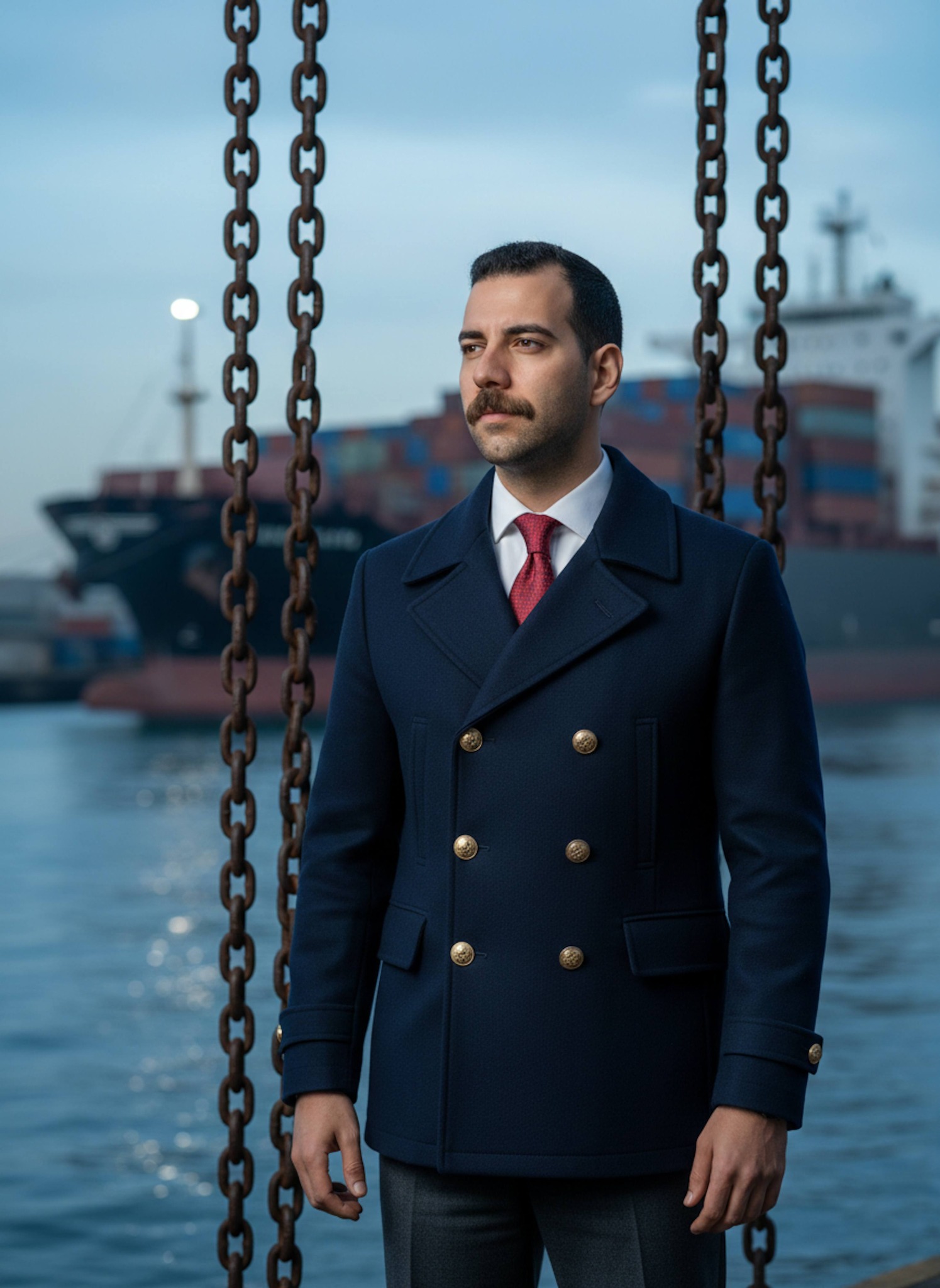 Person in navy pea coat framed by rusted industrial chains at shipping port with brass buttons