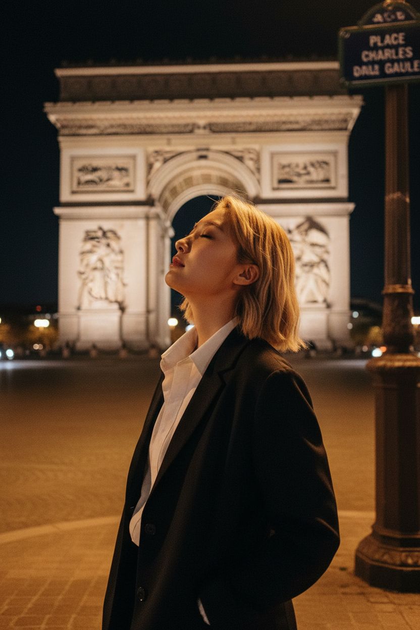 Person standing near illuminated Arc de Triomphe at night with warm Parisian streetlights and moody atmosphere