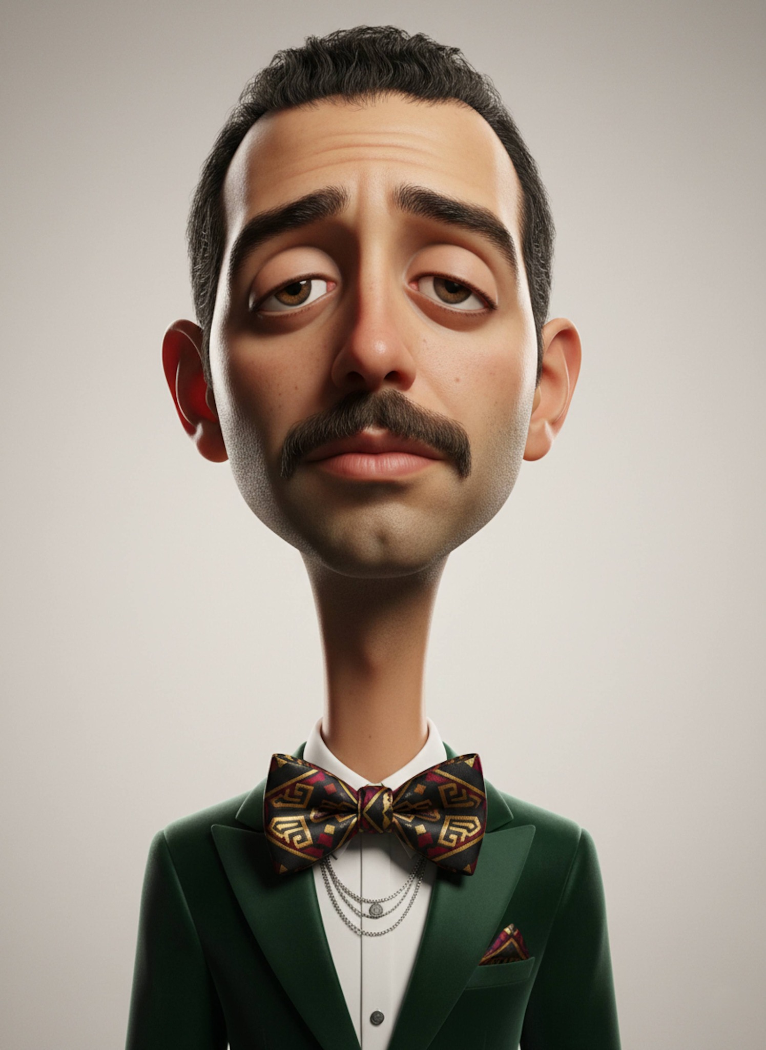 Exaggerated stylized 3D caricature portrait as Egyptian pharaoh with golden headdress