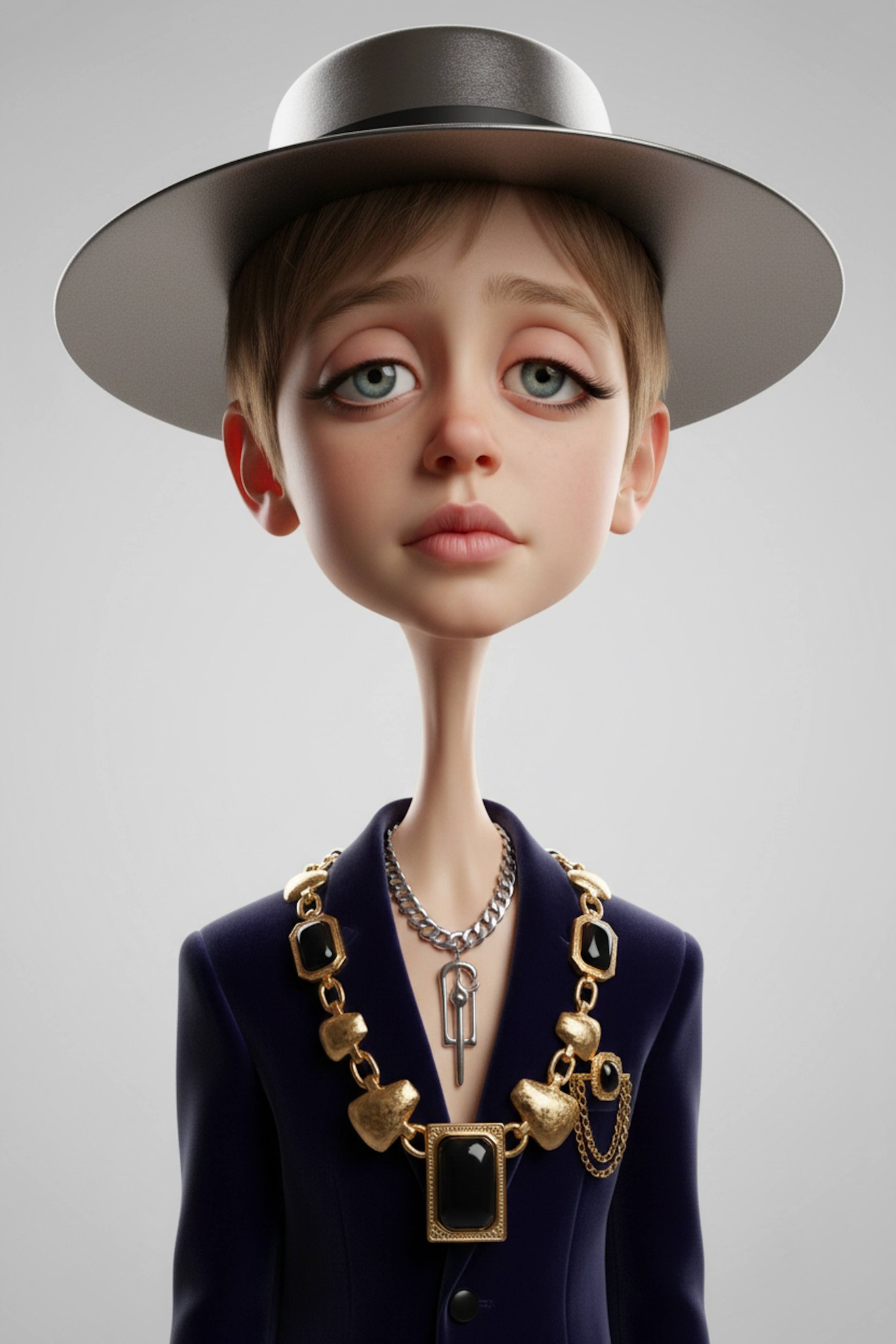 Exaggerated 3D caricature of person as pharaoh on golden throne with hieroglyphic details