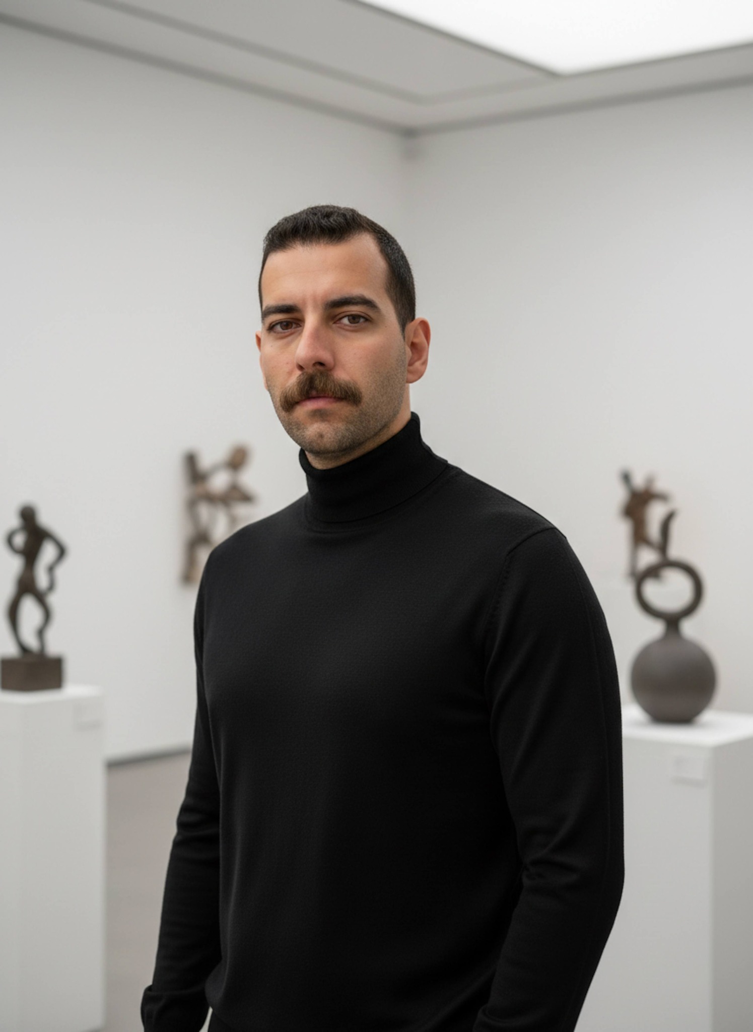 Person with thoughtful expression and slight head tilt in minimalist white art gallery