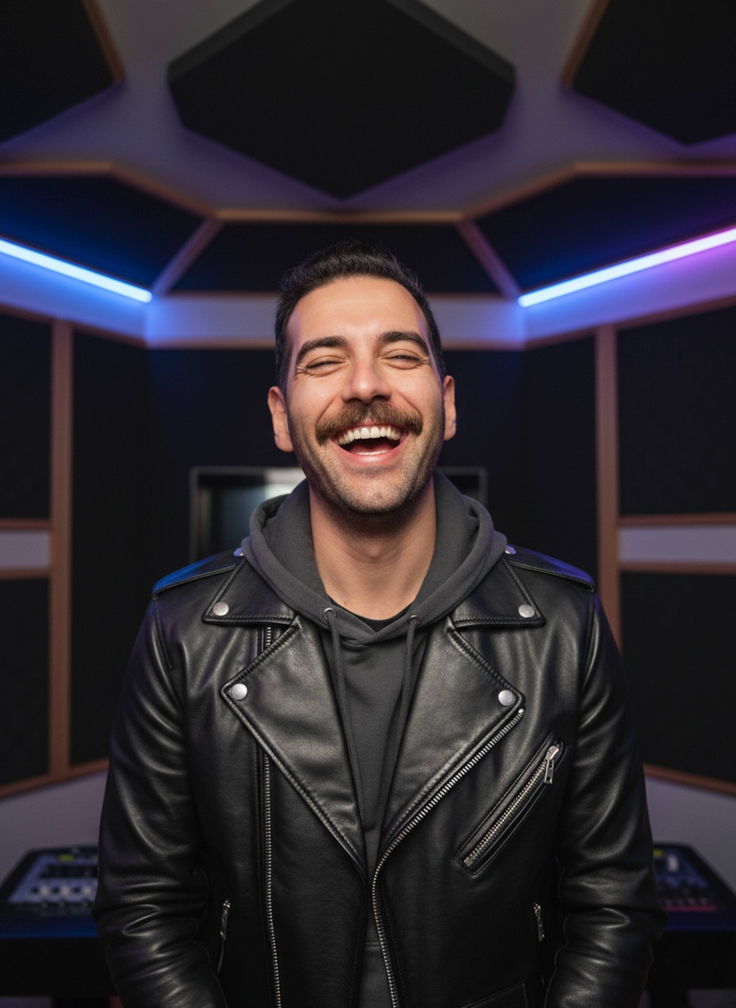 Person laughing with head tilted back in neon-lit recording studio with acoustic panels