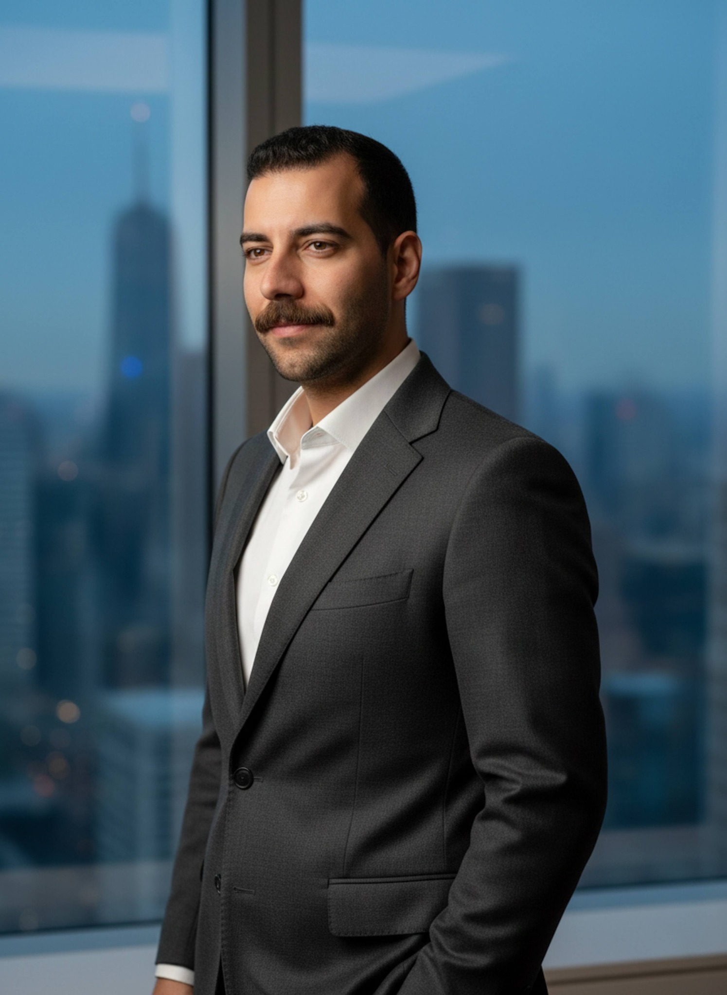 Person in charcoal suit with confident smirk in high-rise office with blurred city skyline