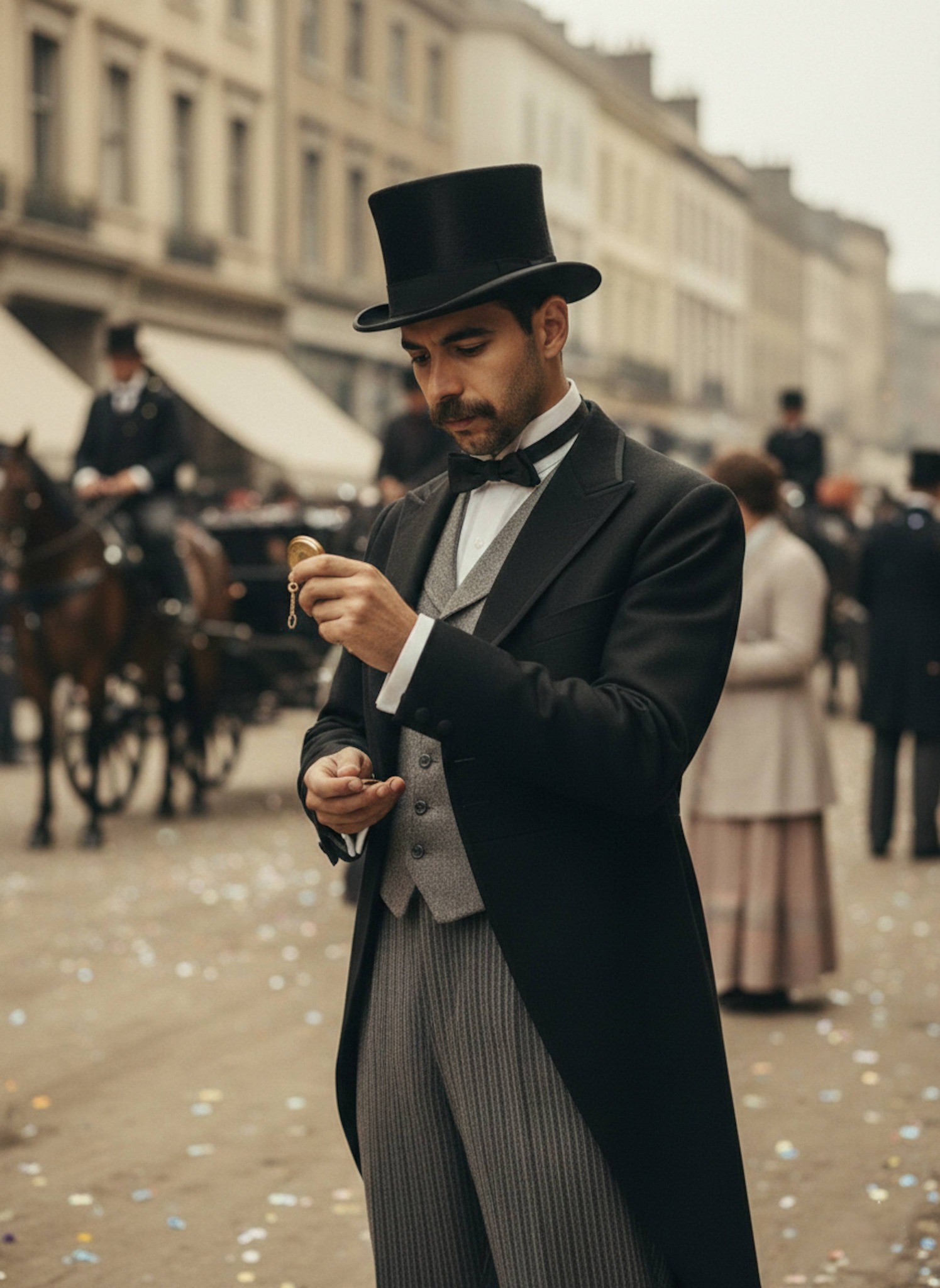 Person in an Edwardian morning suit with striped trousers and silk top hat holding a pocket watch at a 1910s street parade